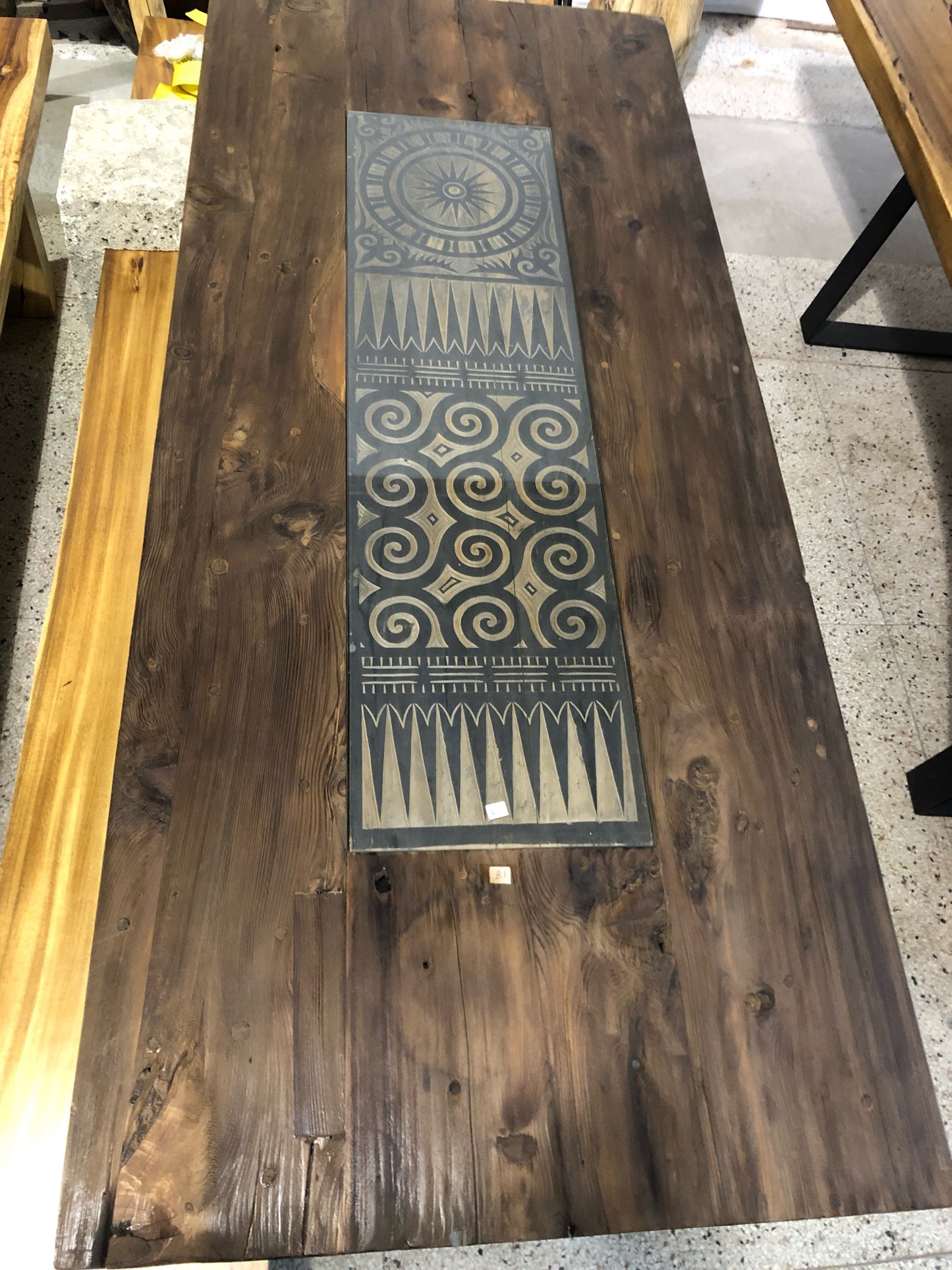 Reclaimed Wood Table with Glass Center | Natural Unique Slab with Wood Legs