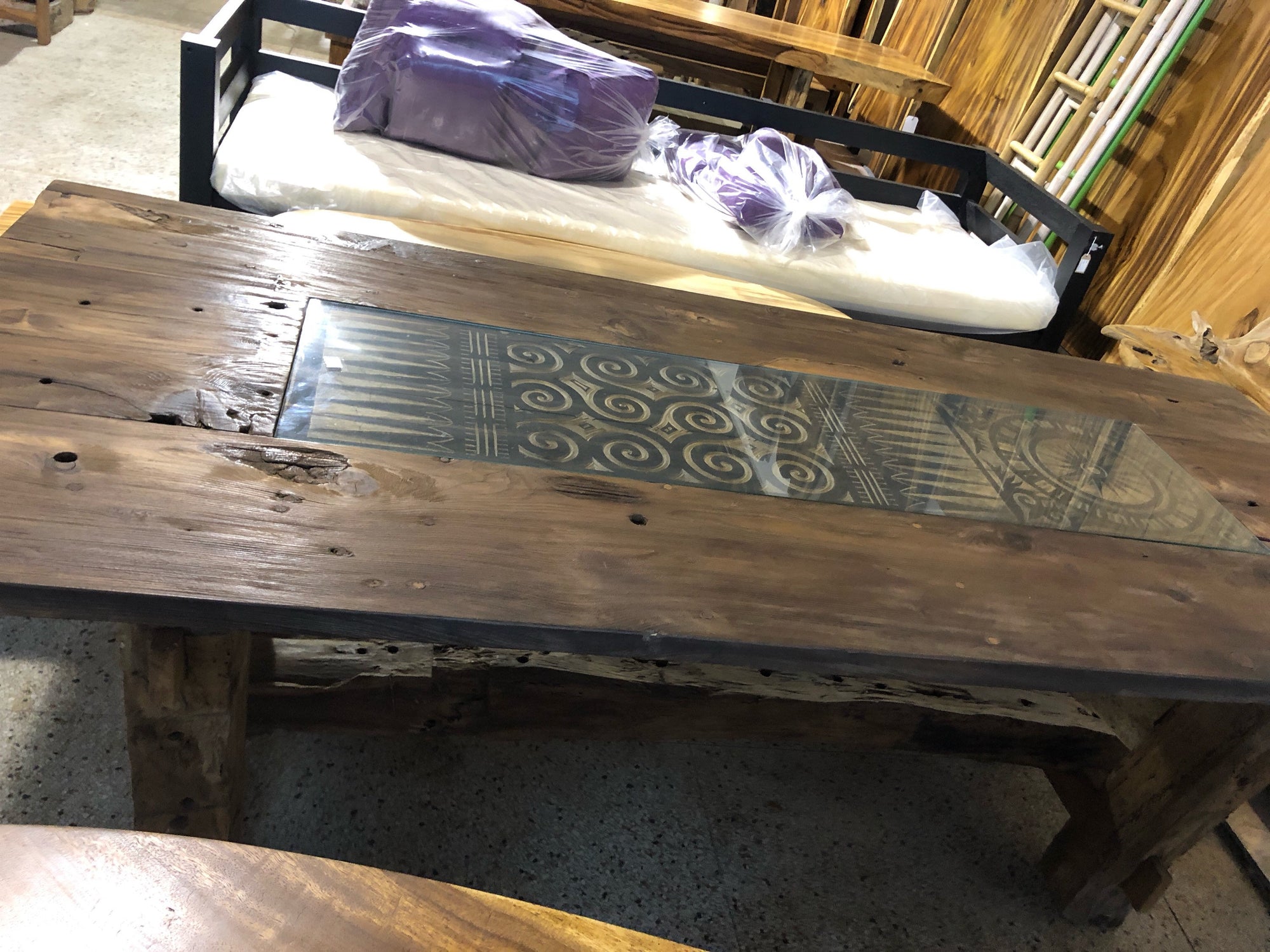 No. 88 – 86” Antique Door Table – Reclaimed Wood with Partial Glass Inset