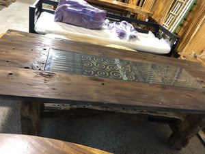 Reclaimed Wood Table with Glass Center | Natural Unique Slab with Wood Legs