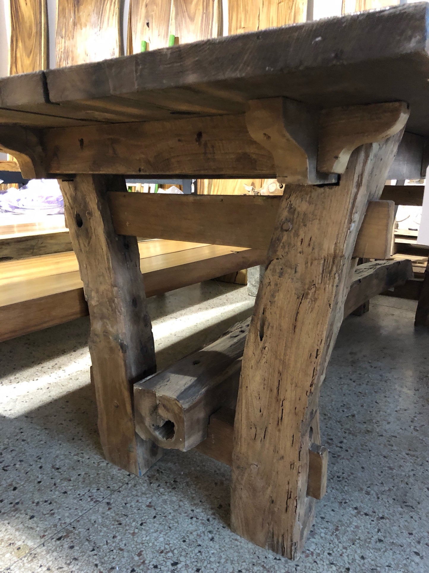 Reclaimed Wood Table with Glass Center | Natural Unique Slab with Wood Legs