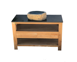 Teak wood single vanity with drawers | Natural Teak Modern Design | W/ DARK MARBLE TOP