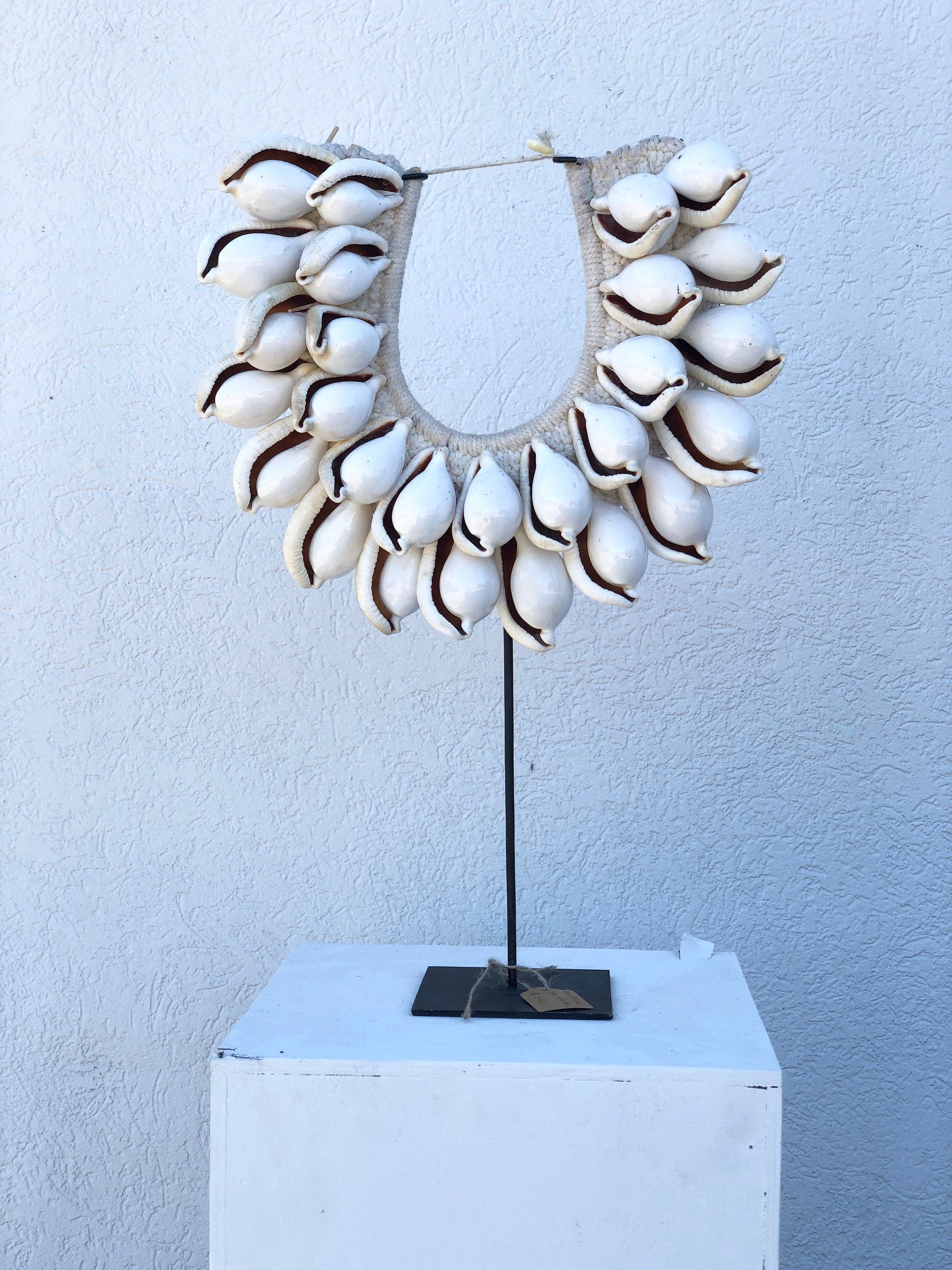 Large Atlantis Ovula Tribal Shell Necklace on Metal Stand