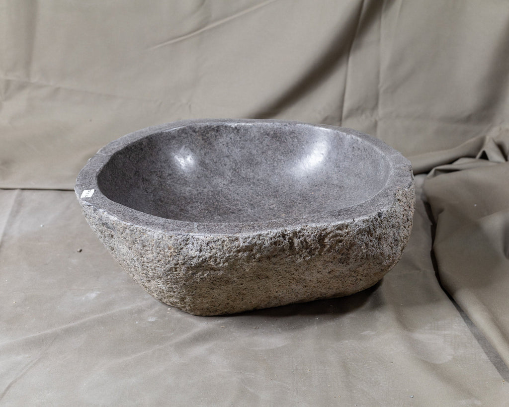 Natural Stone Oval Vessel Sink | River Stone Gray Wash Bowl #26 size is 15" W x 13.5" D x 6.5" H