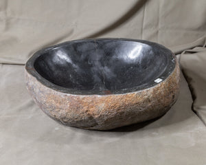 Natural Stone Oval Vessel Sink | River Stone Orange Exterior Gray Interior Wash Bowl #42 size is 16" W x 13.25" D x 5.5" H