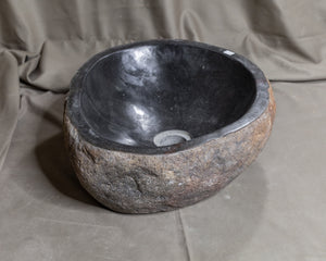 Natural Stone Oval Vessel Sink | River Stone Orange Exterior Gray Interior Wash Bowl #42 size is 16" W x 13.25" D x 5.5" H