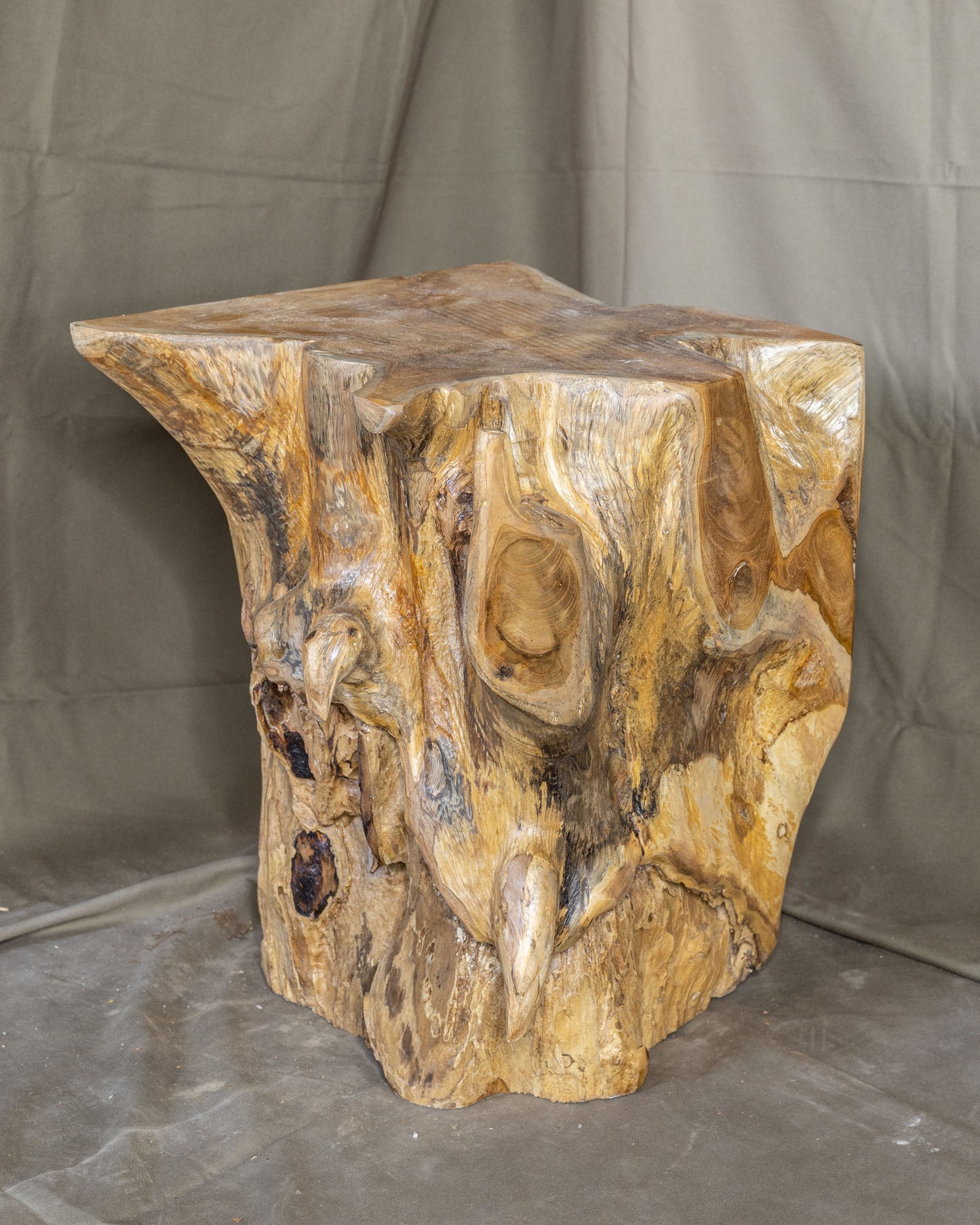 Square Solid Teak Wood Side Table, Natural Tree Stump Stool or End Table #15 16" H x 12.5" W x 12.5" D