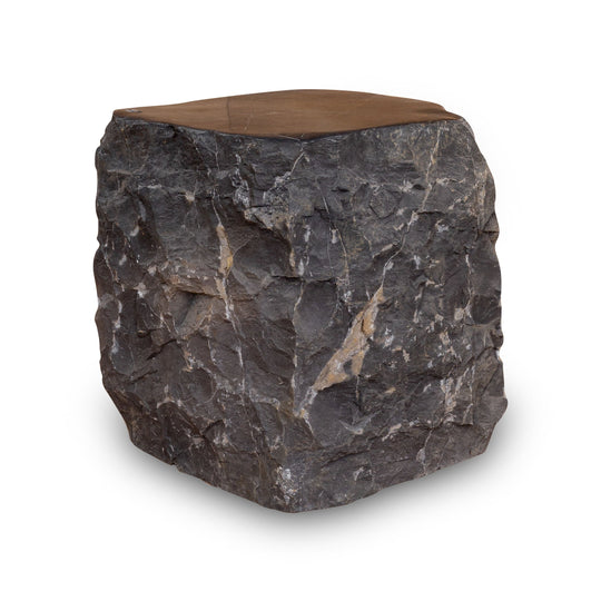 Natural Dark Marble Side Table Block, Hammer Hit Edges Solid Stool or End Table #2