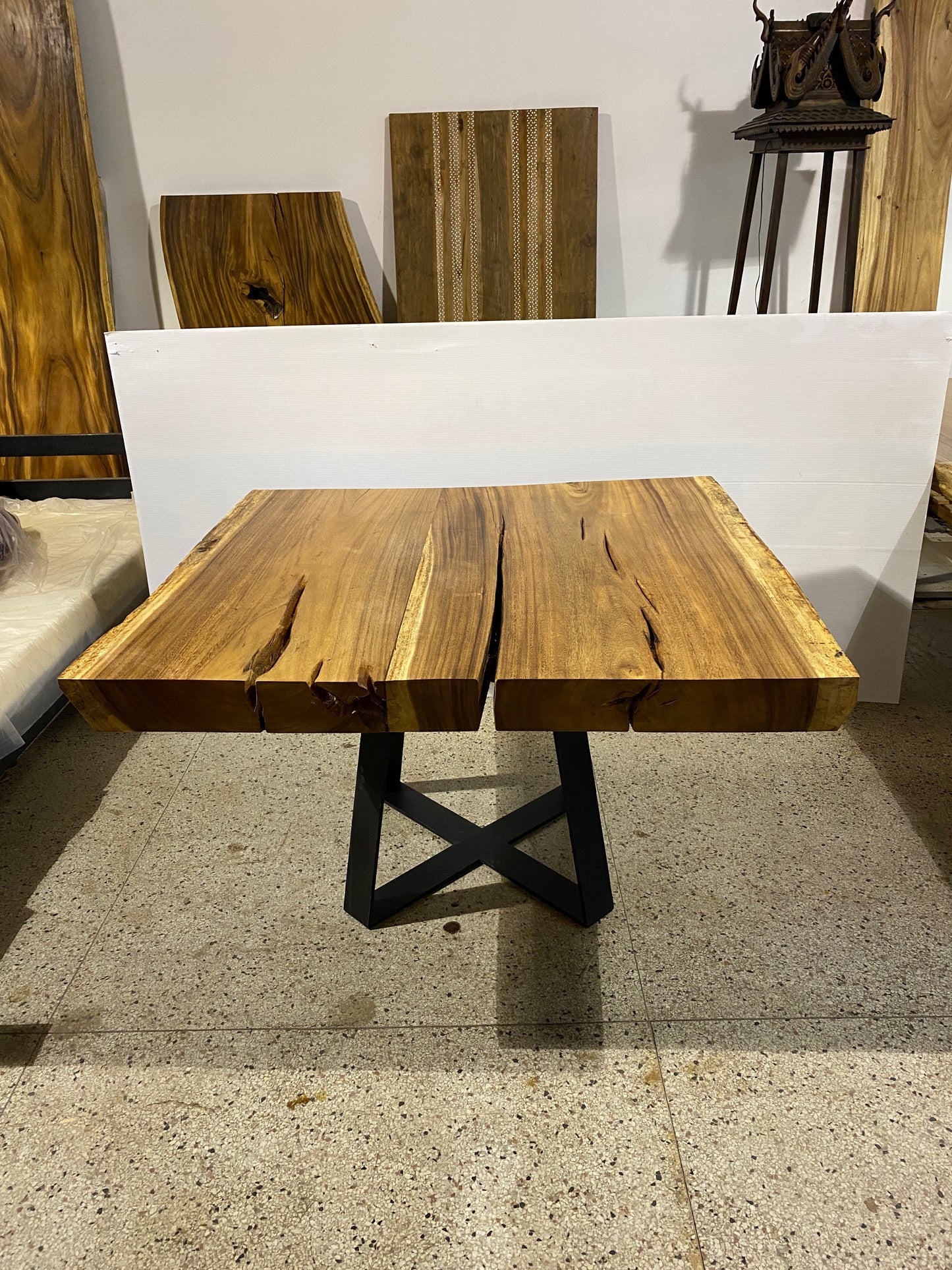 Modern Square Live Edge Dining Table, Wood and Metal Base