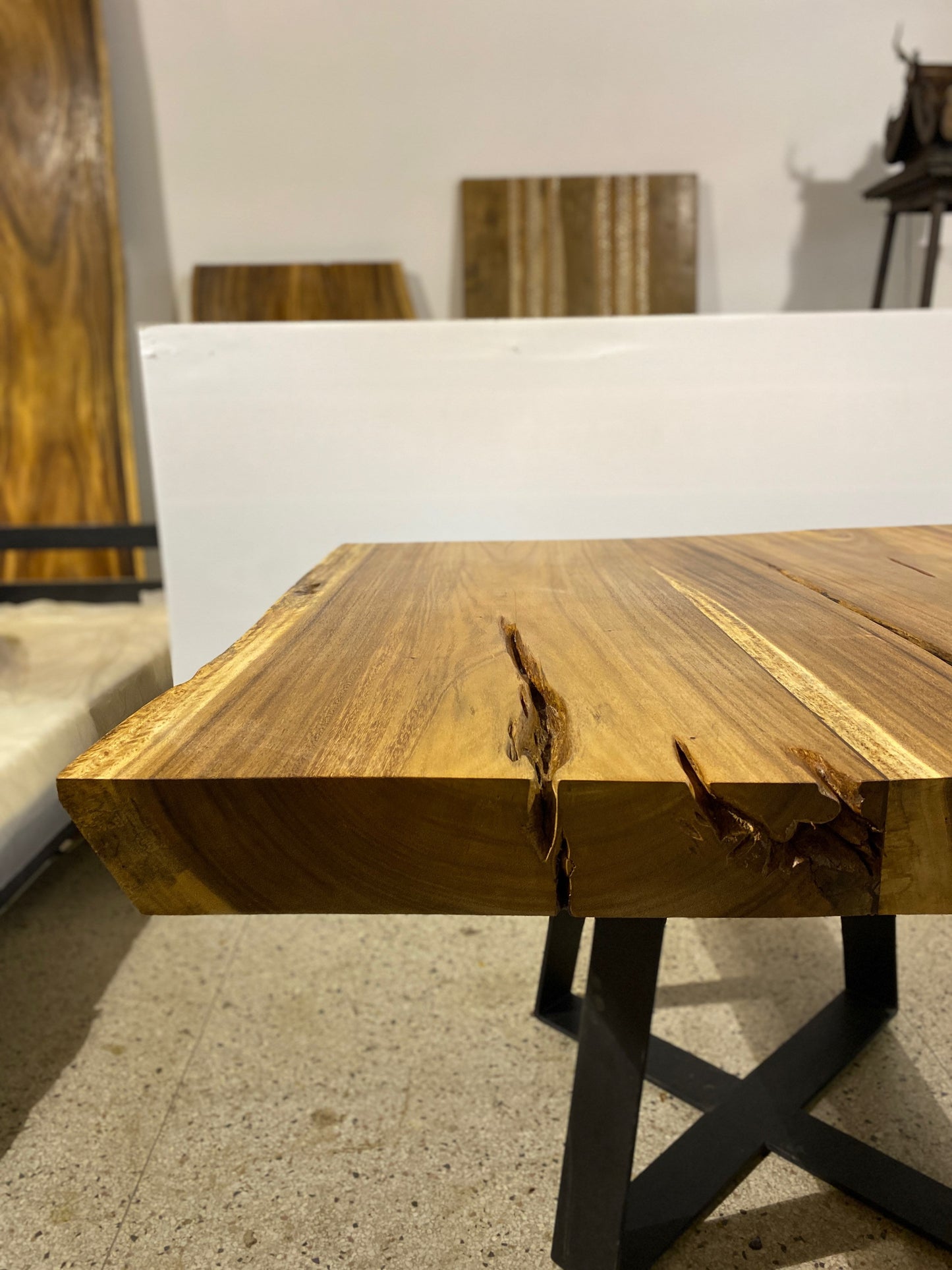 Modern Square Live Edge Dining Table, Wood and Metal Base