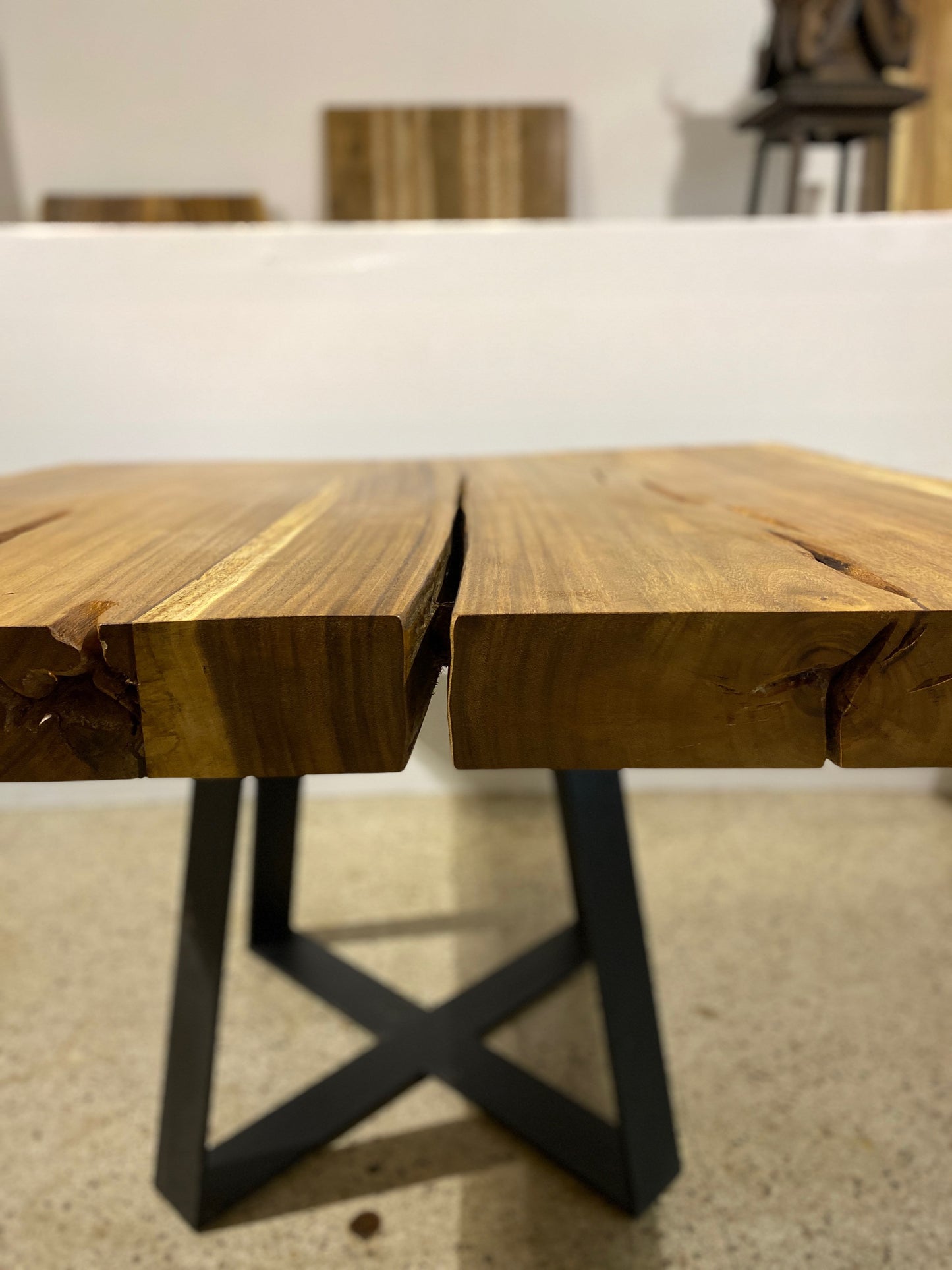 Modern Square Live Edge Dining Table, Wood and Metal Base