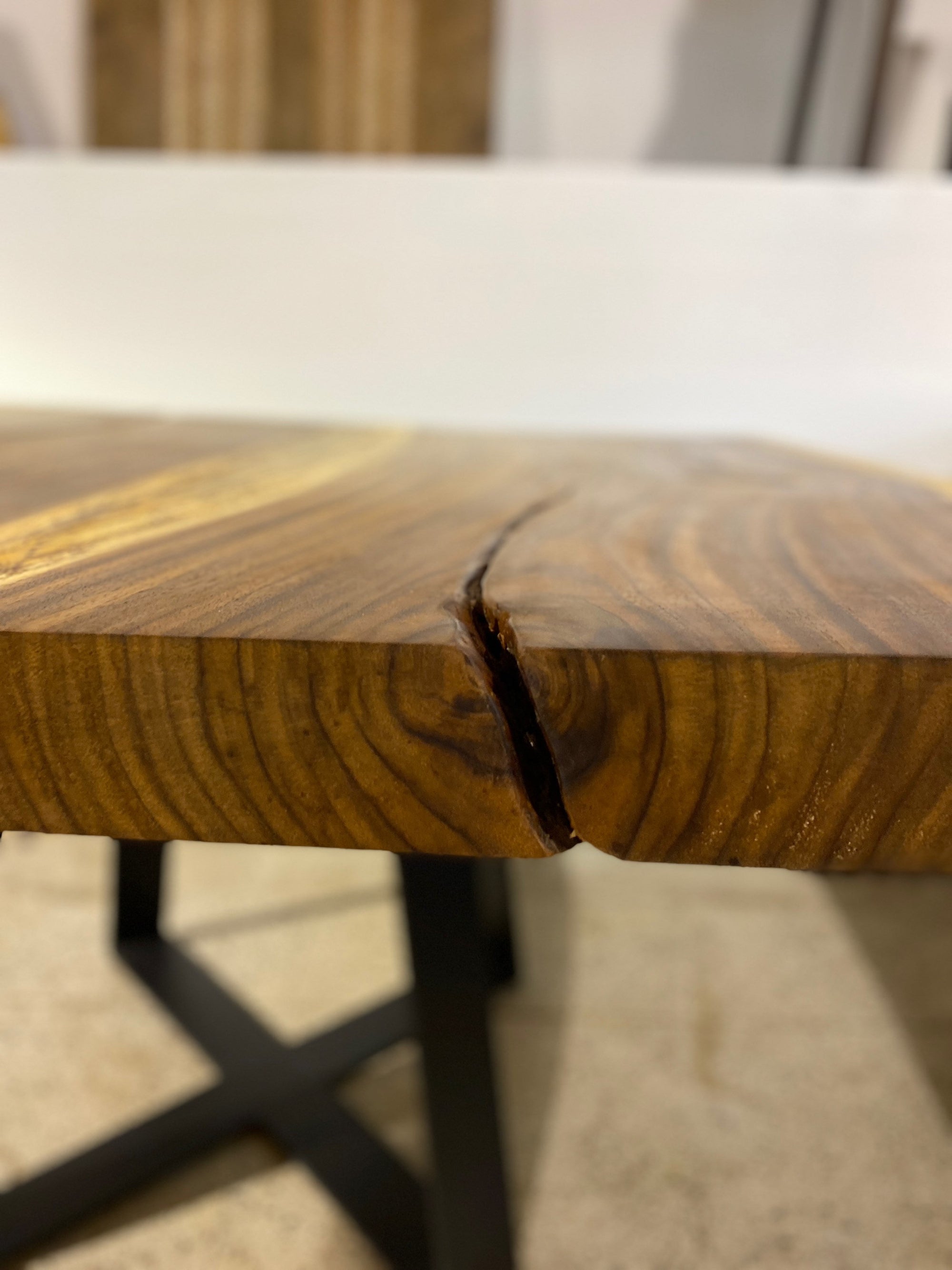No. 2 – 53” Square Live Edge Dining Table – Acacia Slab with Metal Base
