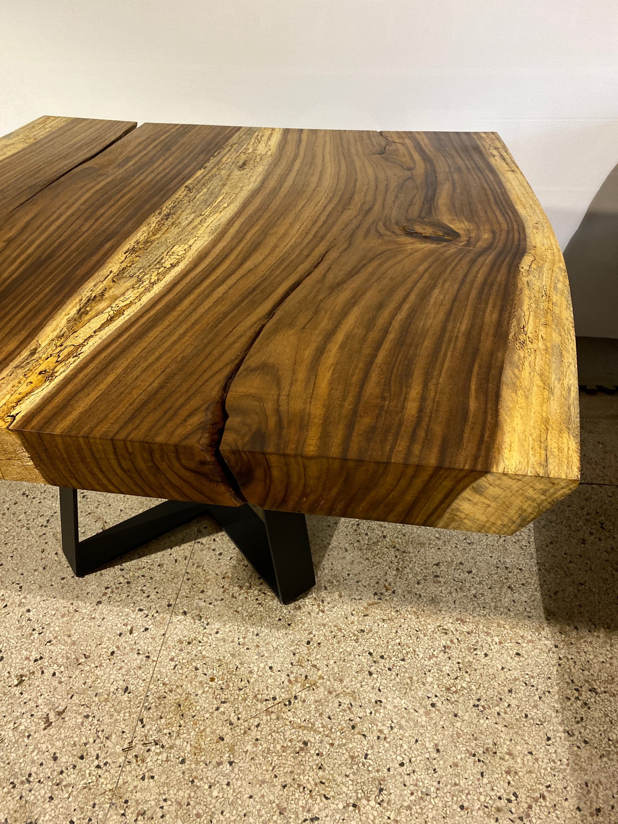 No. 2 – 53” Square Live Edge Dining Table – Acacia Slab with Metal Base