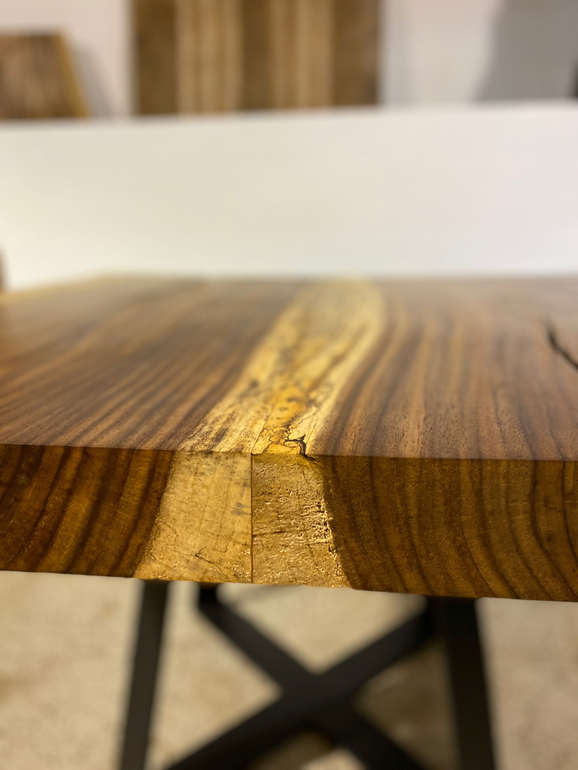 No. 2 – 53” Square Live Edge Dining Table – Acacia Slab with Metal Base