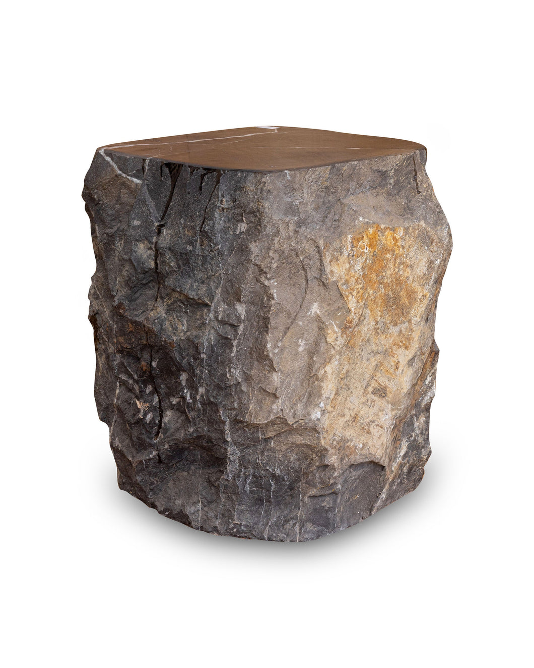 Natural Dark Marble Side Table Block, Hammer Hit Edges Solid Stool or End Table #1