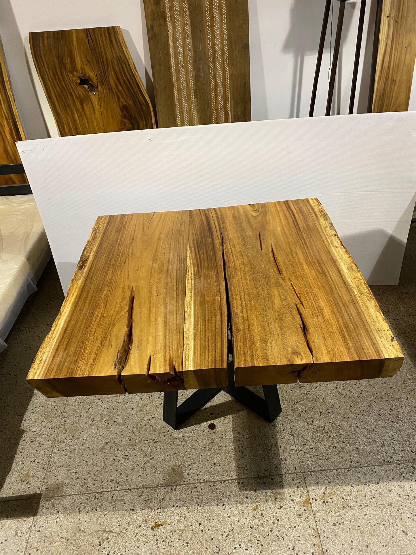 Modern Square Live Edge Dining Table, Wood and Metal Base