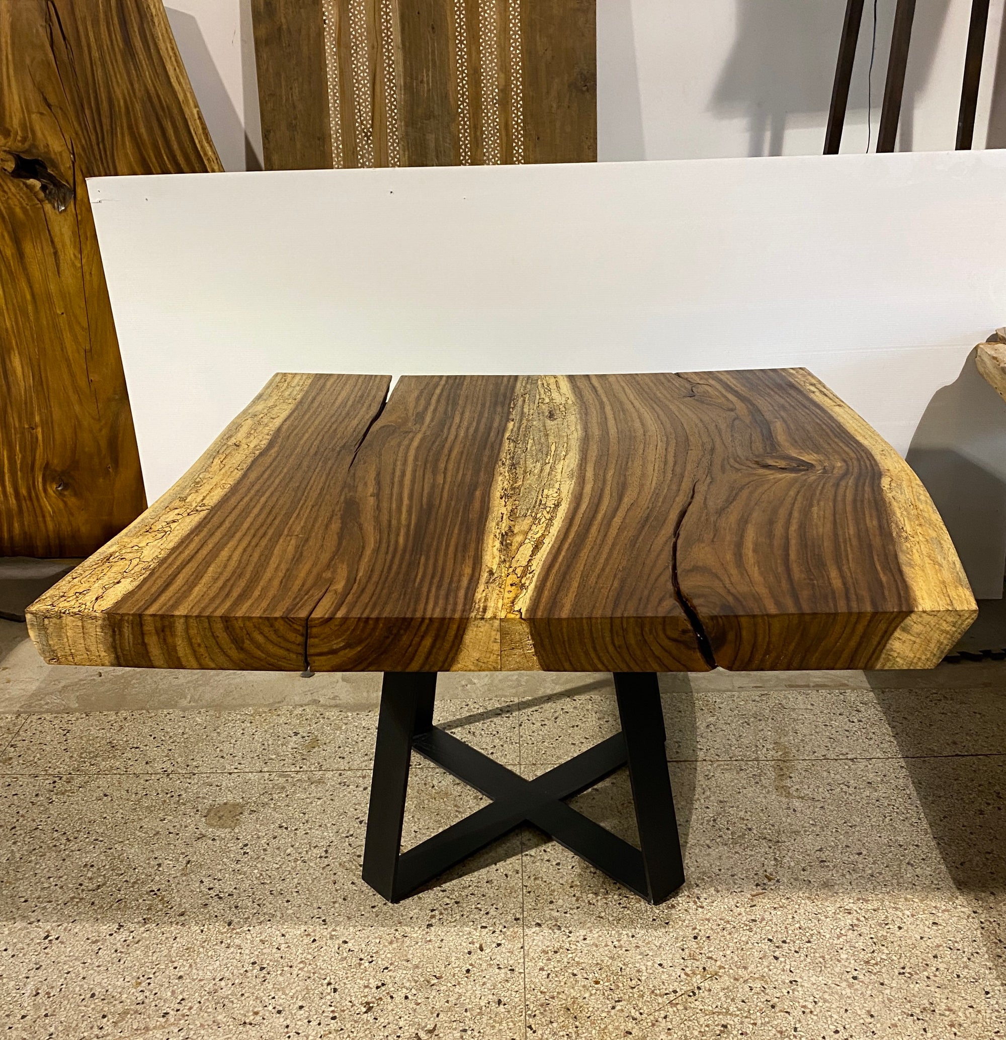 No. 2 – 53” Square Live Edge Dining Table – Acacia Slab with Metal Base