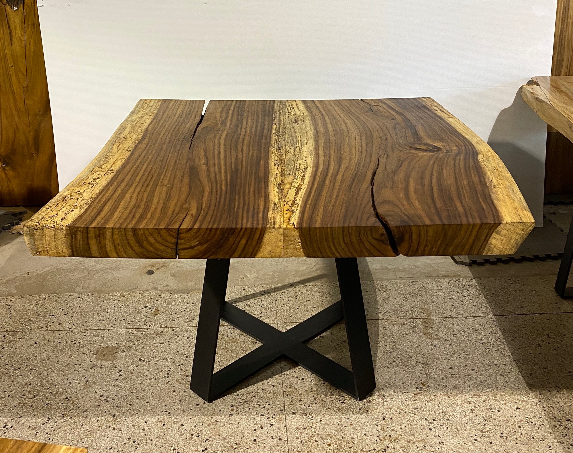 No. 2 – 53” Square Live Edge Dining Table – Acacia Slab with Metal Base