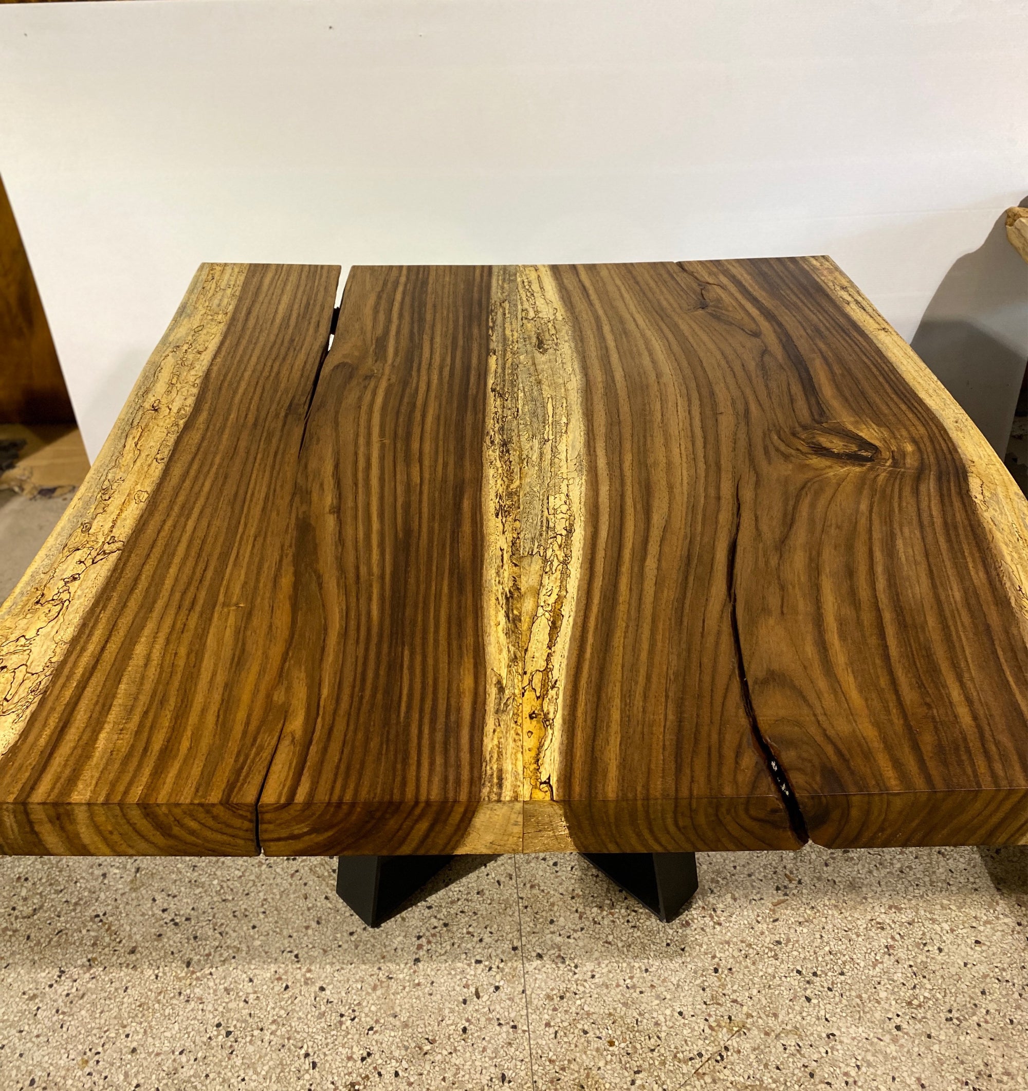 No. 2 – 53” Square Live Edge Dining Table – Acacia Slab with Metal Base