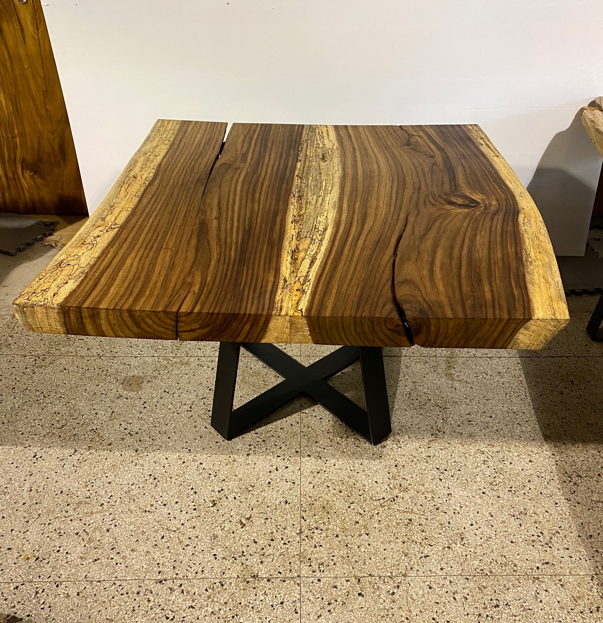 No. 2 – 53” Square Live Edge Dining Table – Acacia Slab with Metal Base