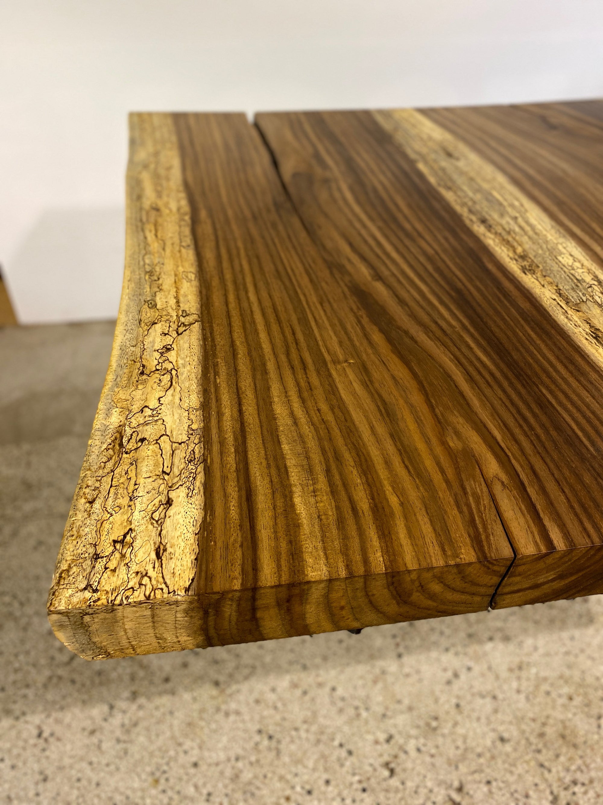 No. 2 – 53” Square Live Edge Dining Table – Acacia Slab with Metal Base