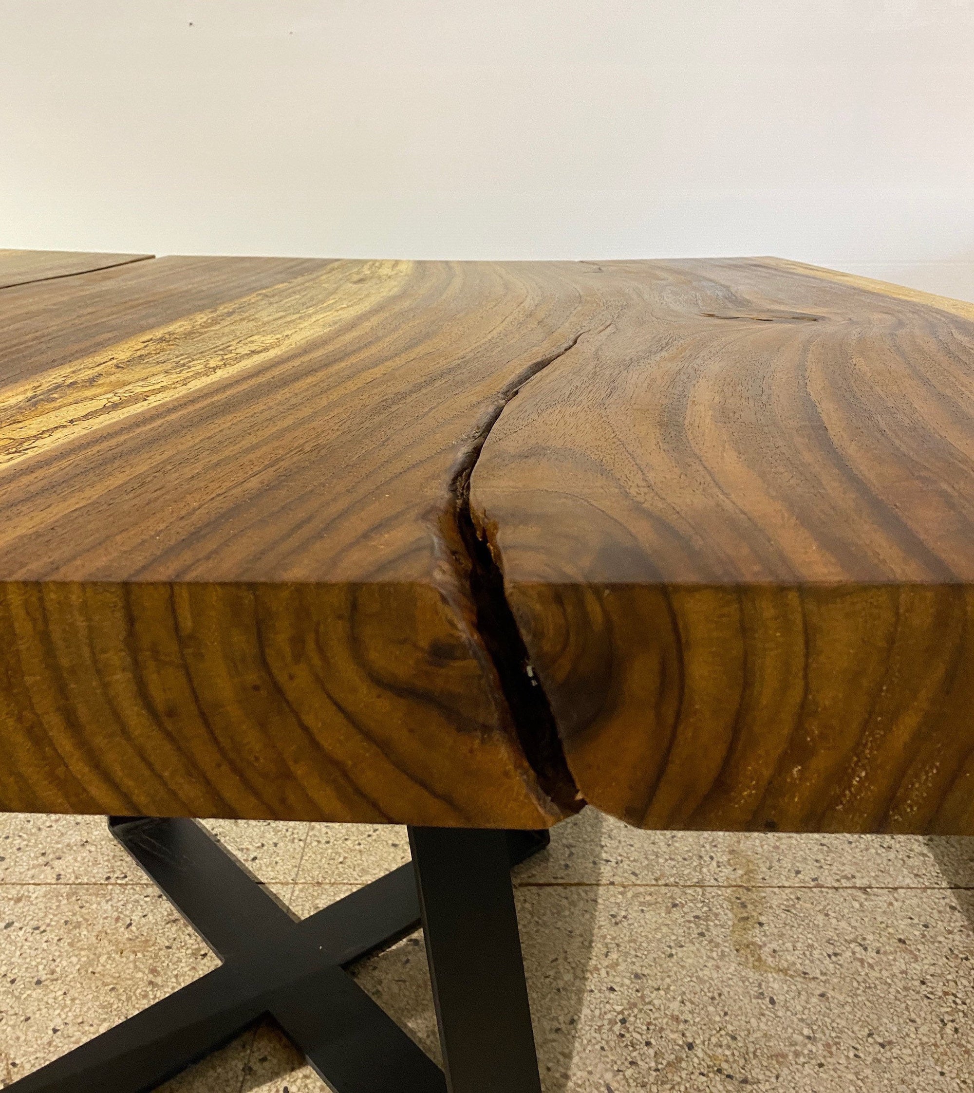 No. 2 – 53” Square Live Edge Dining Table – Acacia Slab with Metal Base