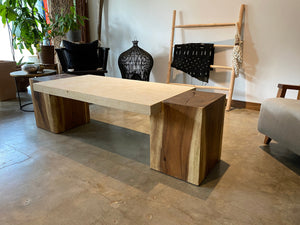 Rectangular Live Edge Dining Table | Unique Contrast Between Limestone Slab and Wood Block Bases