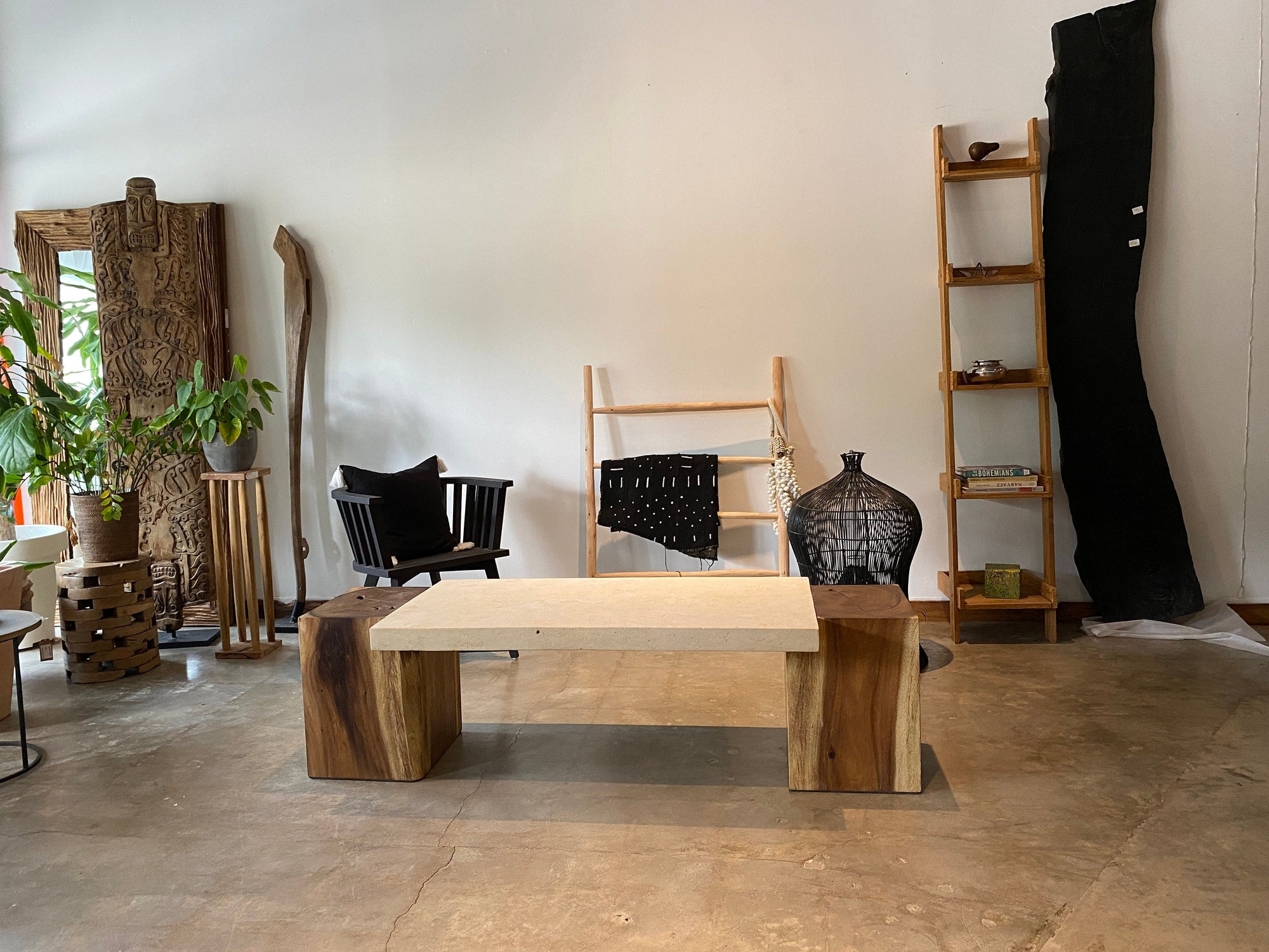 Rectangular Live Edge Dining Table | Unique Contrast Between Limestone Slab and Wood Block Bases