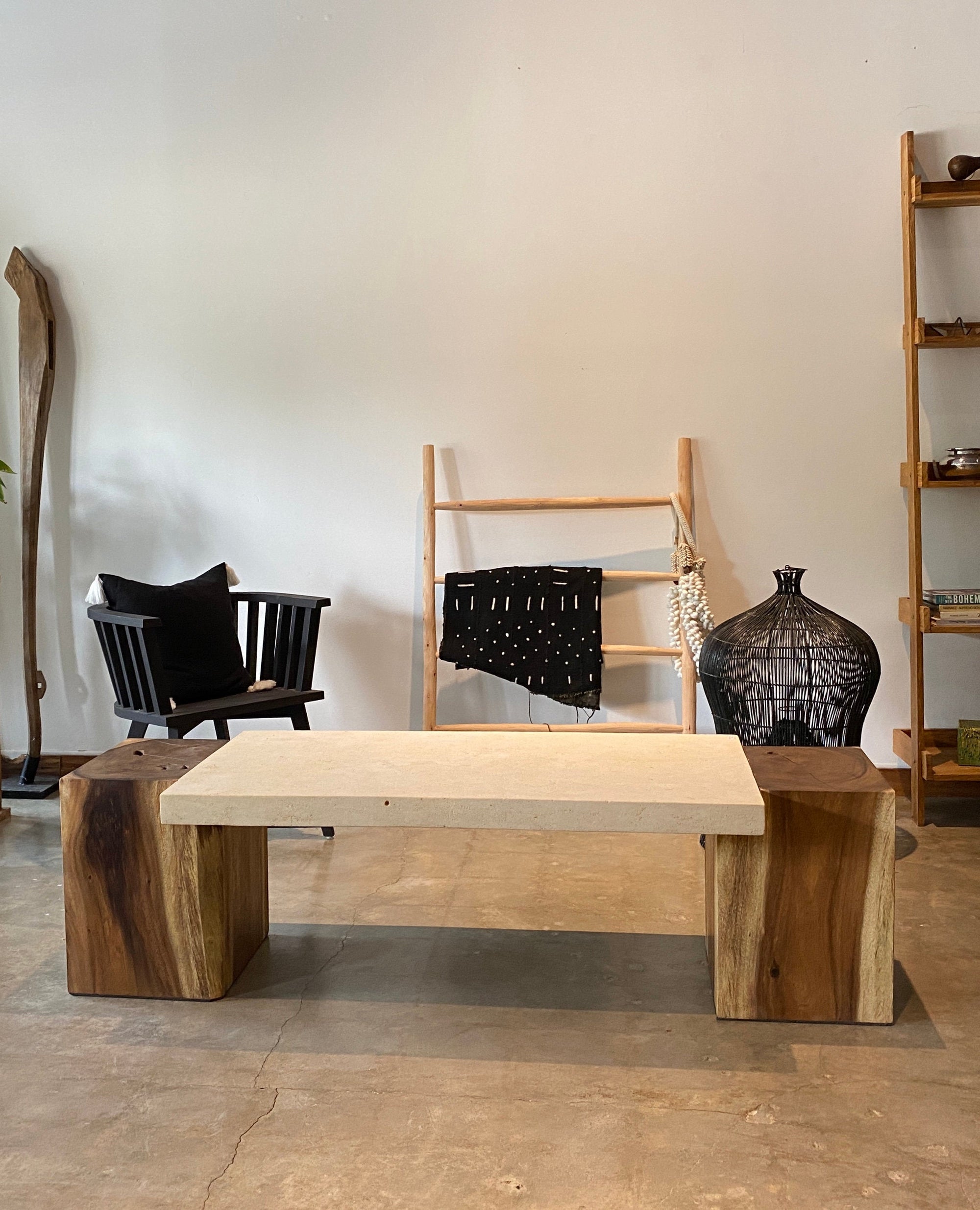 Rectangular Live Edge Dining Table | Unique Contrast Between Limestone Slab and Wood Block Bases