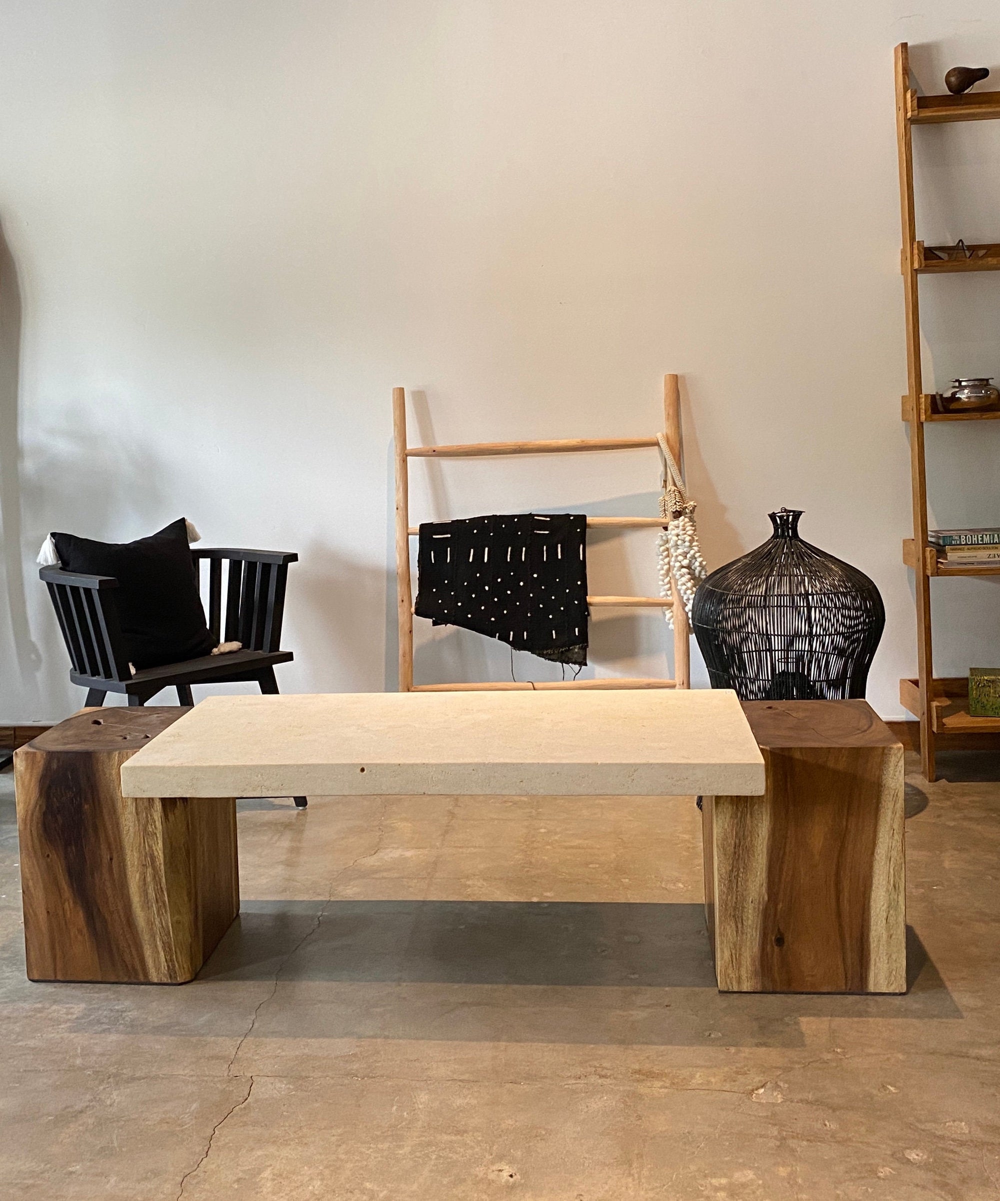 Rectangular Live Edge Dining Table | Unique Contrast Between Limestone Slab and Wood Block Bases