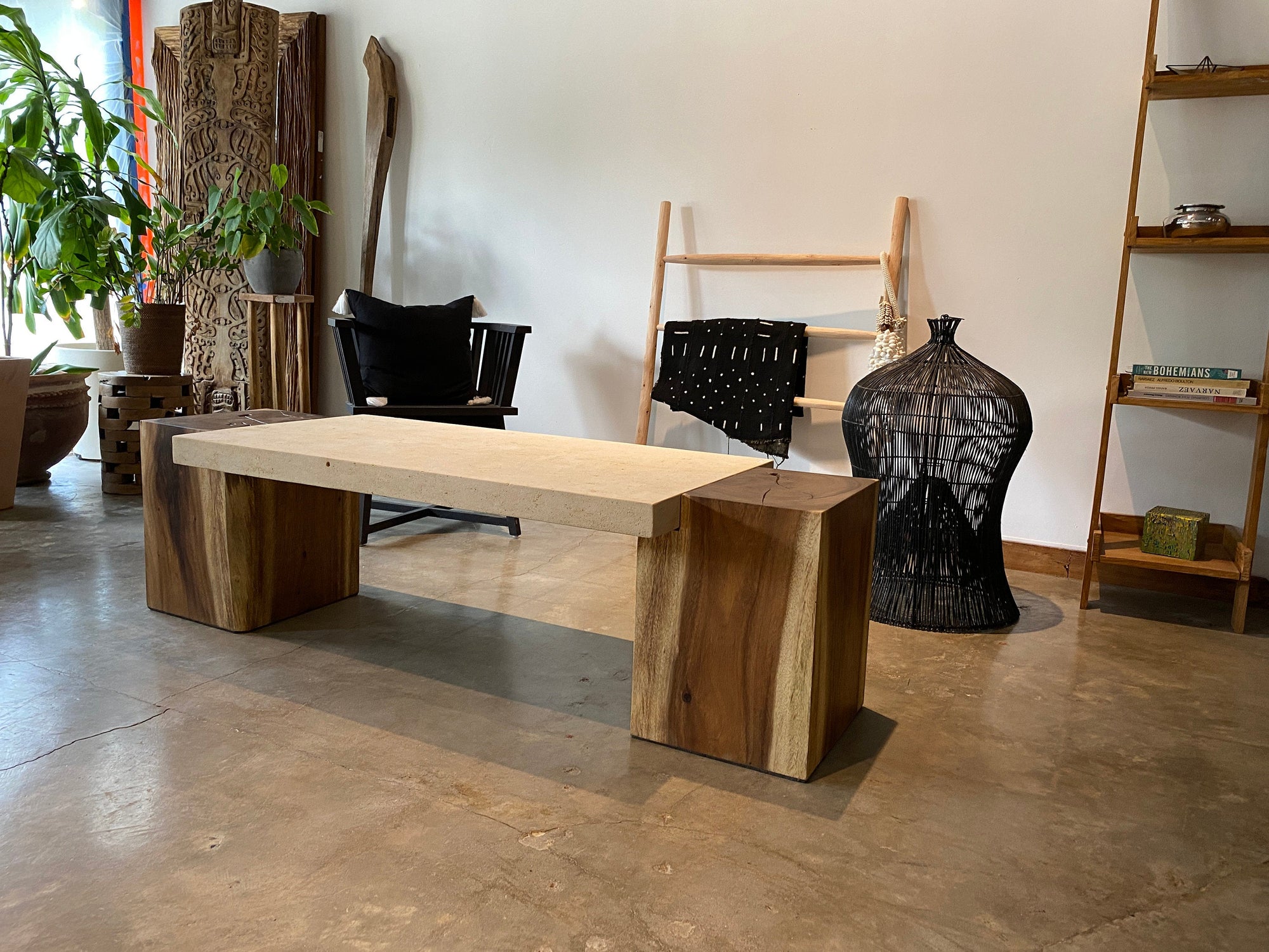 Rectangular Live Edge Dining Table | Unique Contrast Between Limestone Slab and Wood Block Bases