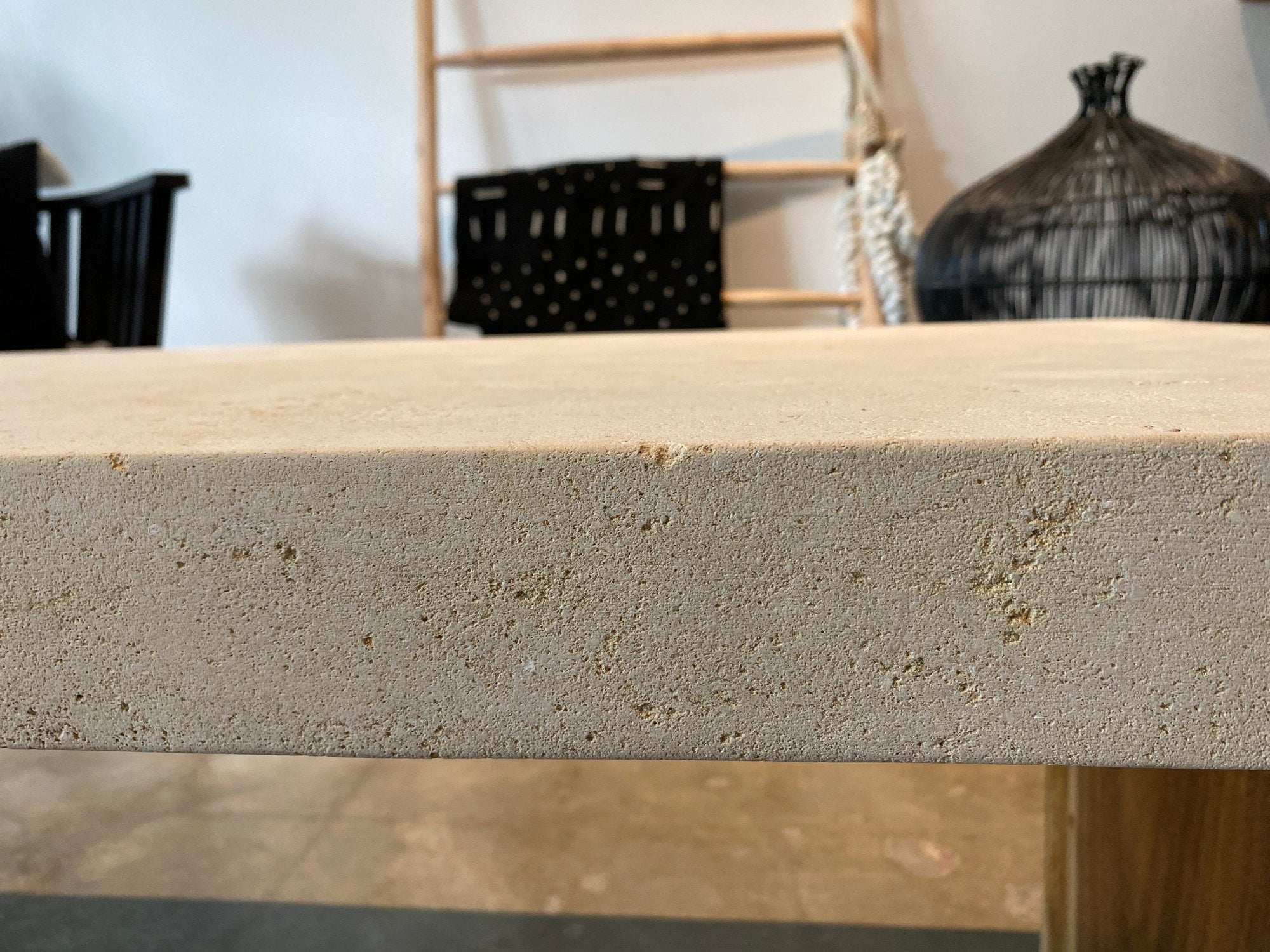 Rectangular Live Edge Dining Table | Unique Contrast Between Limestone Slab and Wood Block Bases