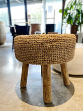 Load image into Gallery viewer, Natural Raffia stool on Teak wood
