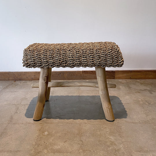 Rectangular Natural Raffia stool on Teak wood