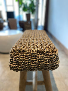 Rectangular Natural Raffia stool on Teak wood