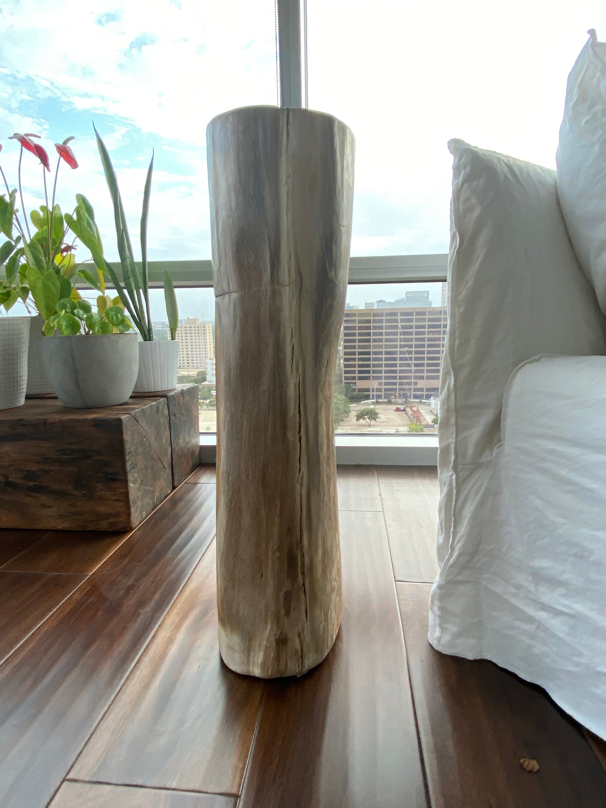 White and Black Petrified  long solid wood stool block , fossil wood side end table