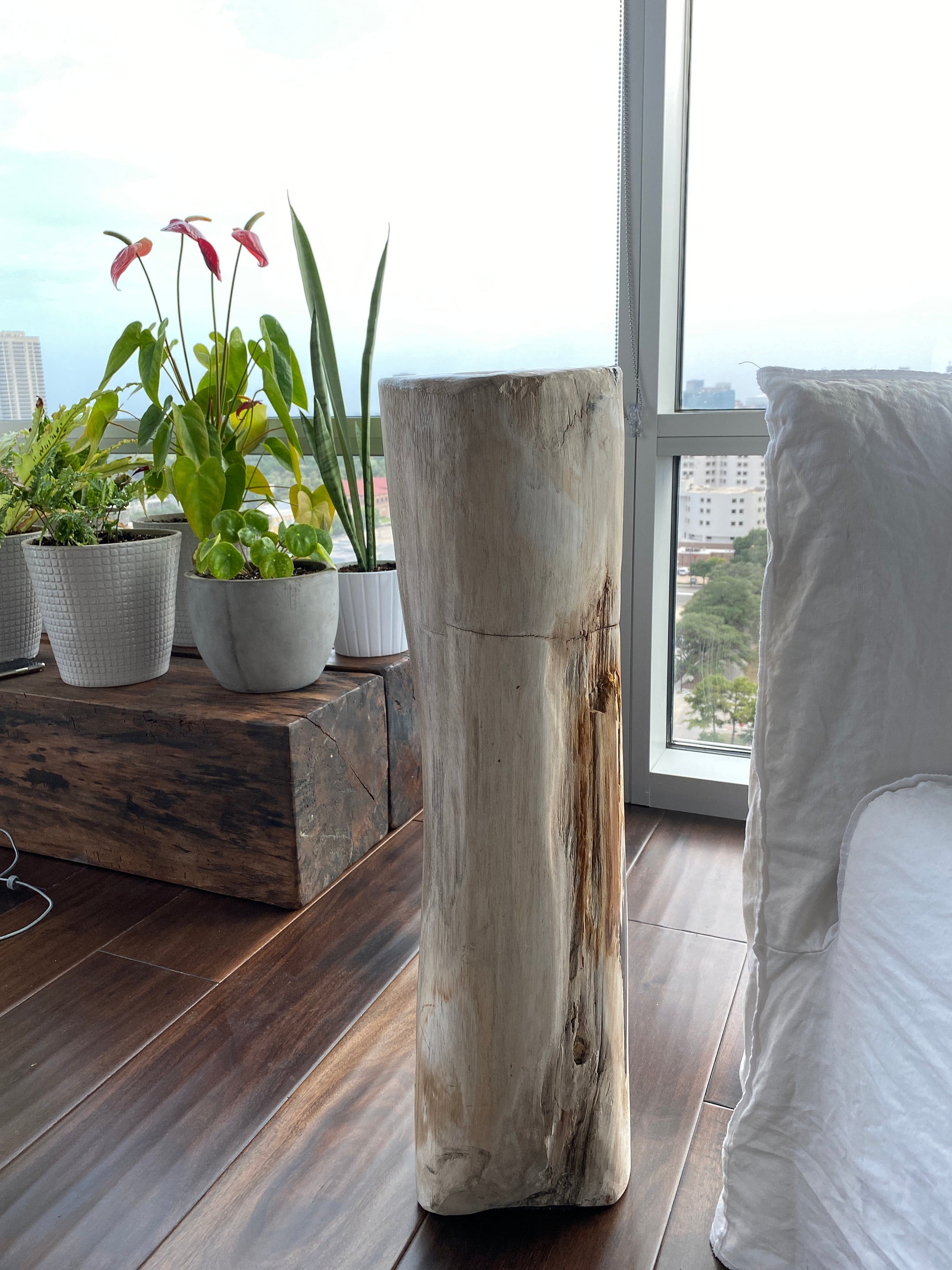 White and Black Petrified  long solid wood stool block , fossil wood side end table