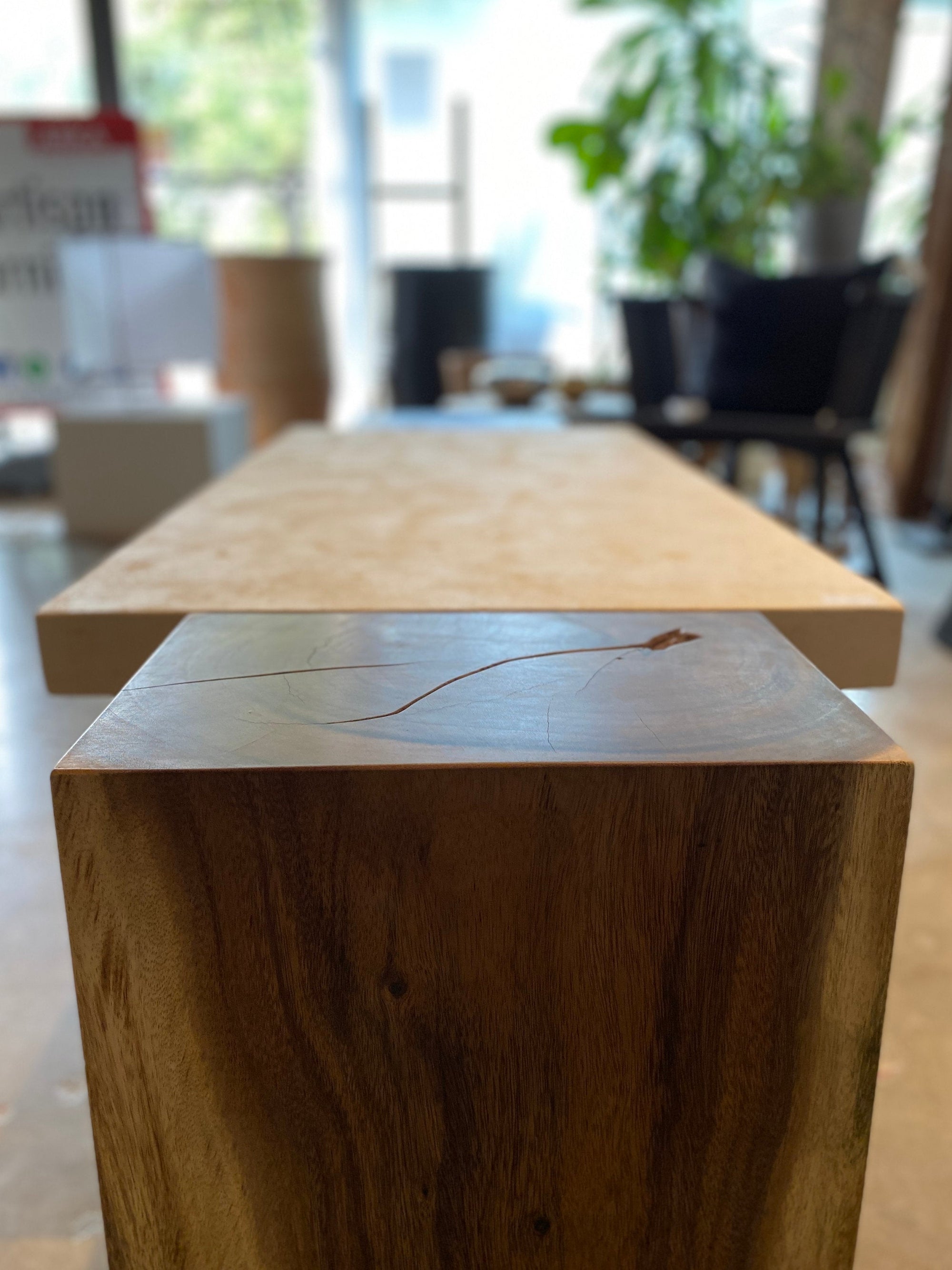 Rectangular Live Edge Dining Table | Unique Contrast Between Limestone Slab and Wood Block Bases