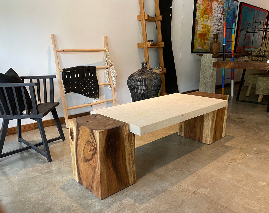 Rectangular Live Edge Dining Table | Unique Contrast Between Limestone Slab and Wood Block Bases