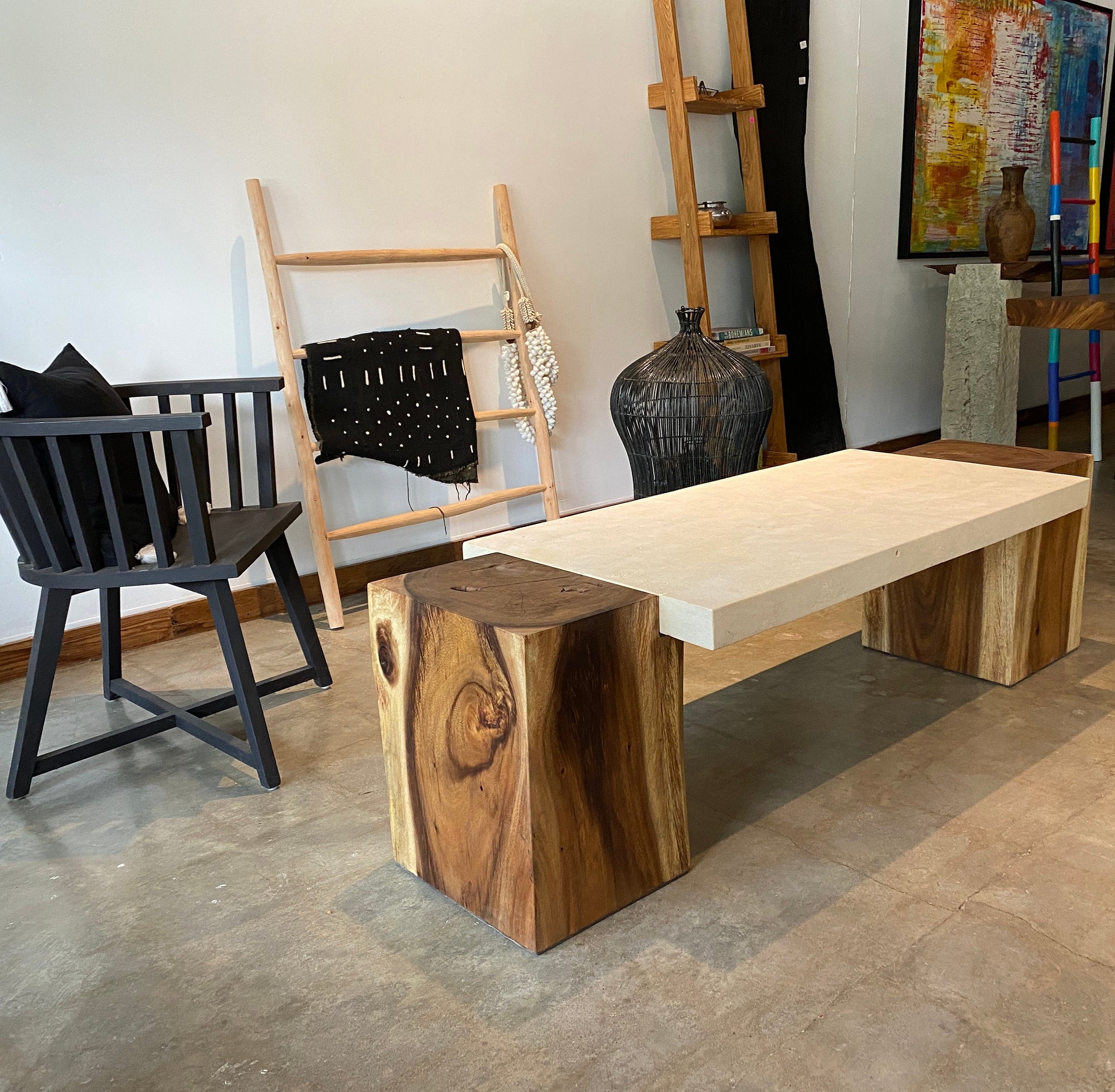 Rectangular Live Edge Dining Table | Unique Contrast Between Limestone Slab and Wood Block Bases