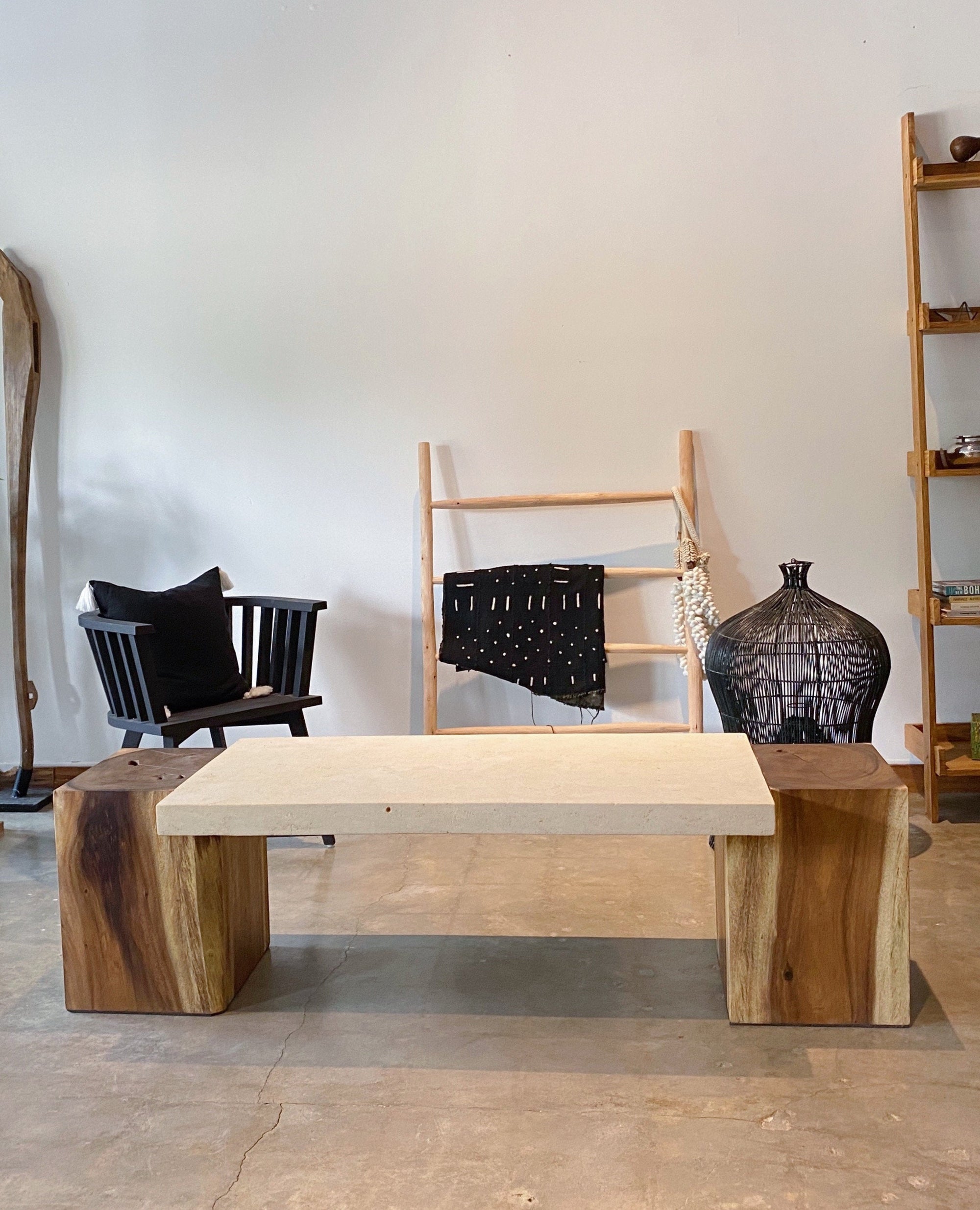 Rectangular Live Edge Dining Table | Unique Contrast Between Limestone Slab and Wood Block Bases