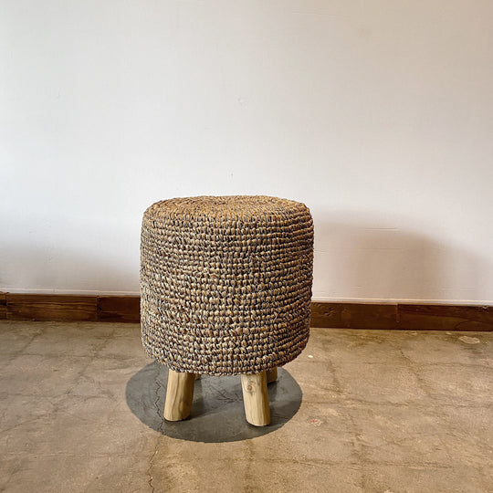 Natural Raffia foot stool on Teak wood