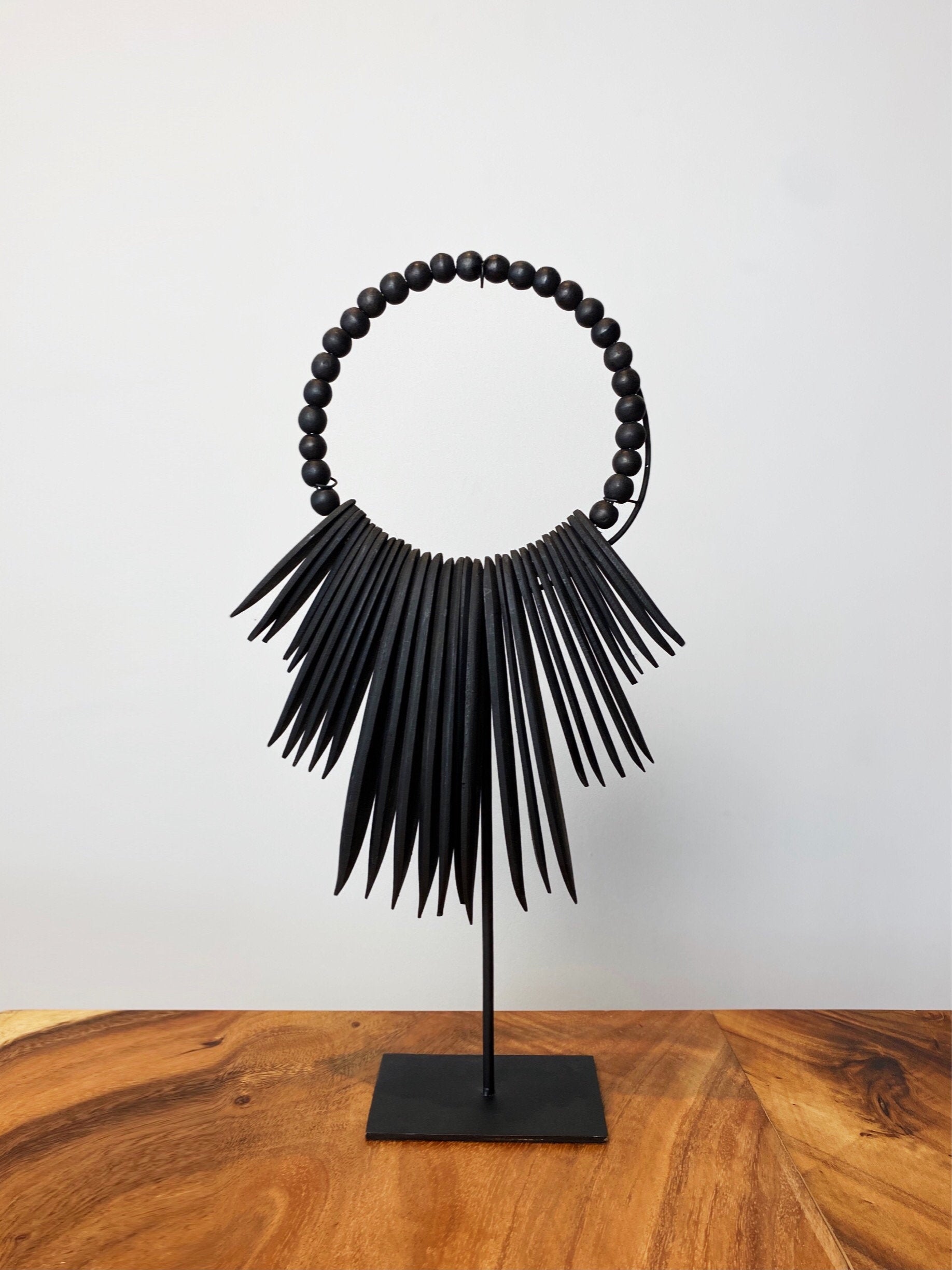 Wood Cuttlefish Necklace on Metal Stand WHITE AND BLACK