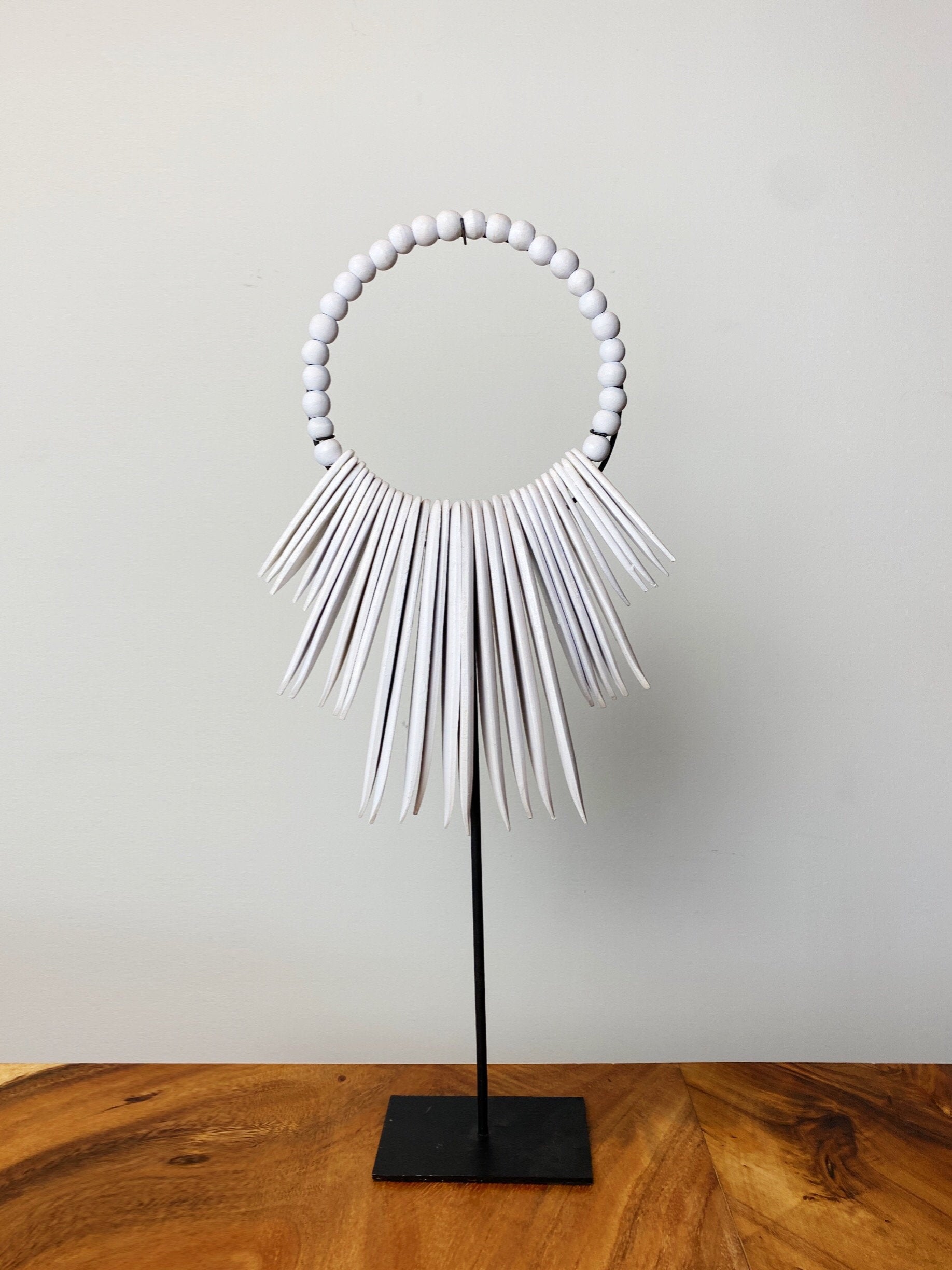 Wood Cuttlefish Necklace on Metal Stand WHITE AND BLACK