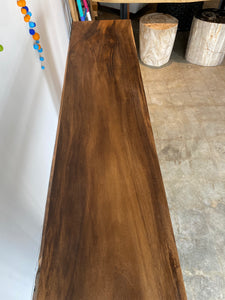 Solid wood live edge bar or console,  beautiful single slab wood pieces on limestone base and lower wood shelf