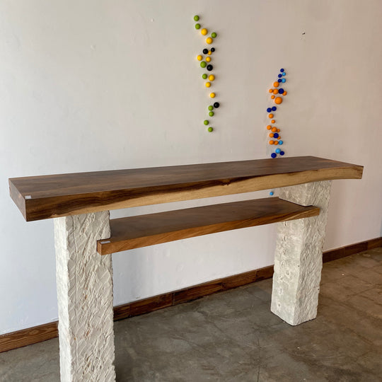 Solid wood live edge bar or console,  beautiful single slab wood pieces on limestone base and lower wood shelf