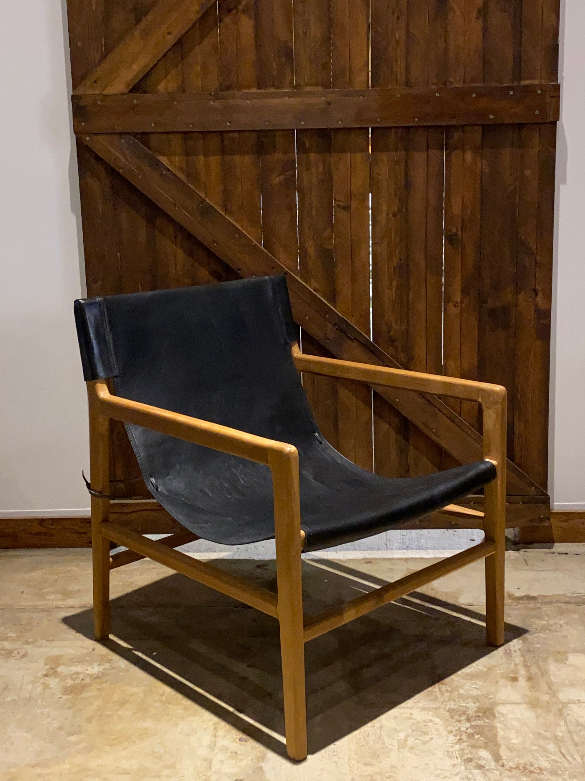 Black Leather & Teak Lounge Chair 