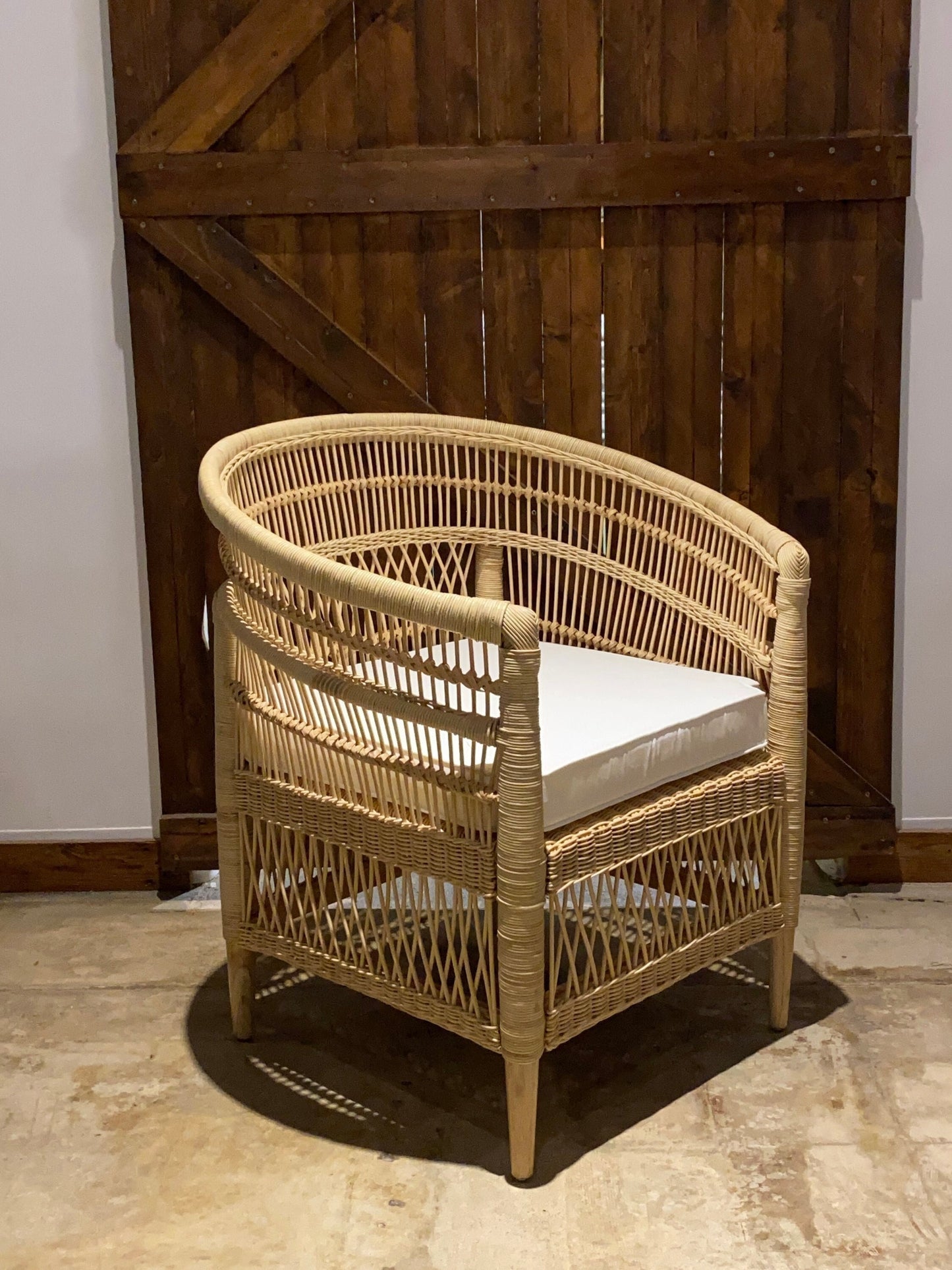 Set of Four (4) Natural Rattan Outdoor/Indoor Chair | Simple Unique Dining Chair with white cushion