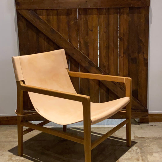 Two (2) Natural leather living room chair - Leather and Teak Wood frame Chair | Simple Unique Dining Chair