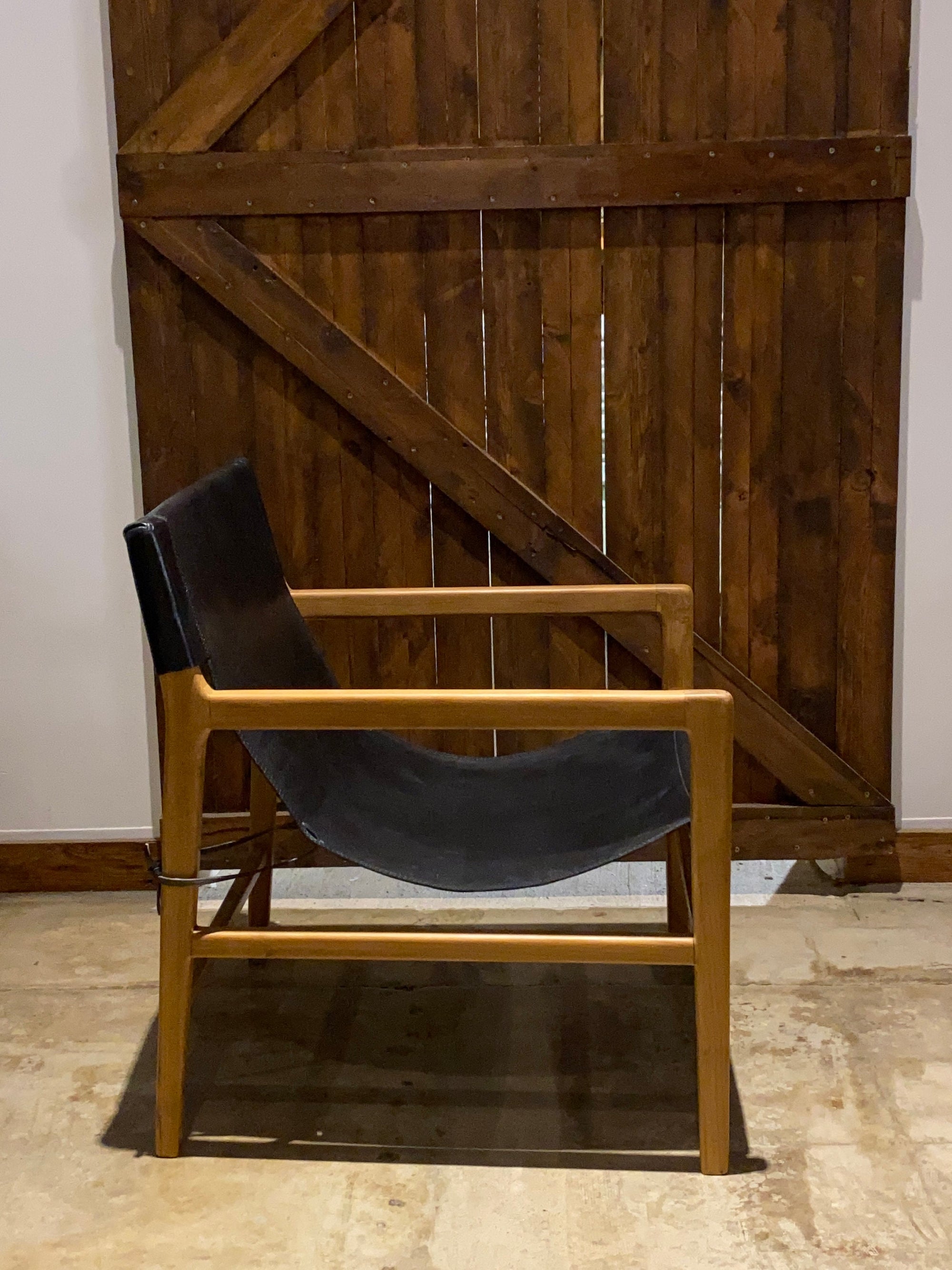 Black Leather & Teak Lounge Chair 