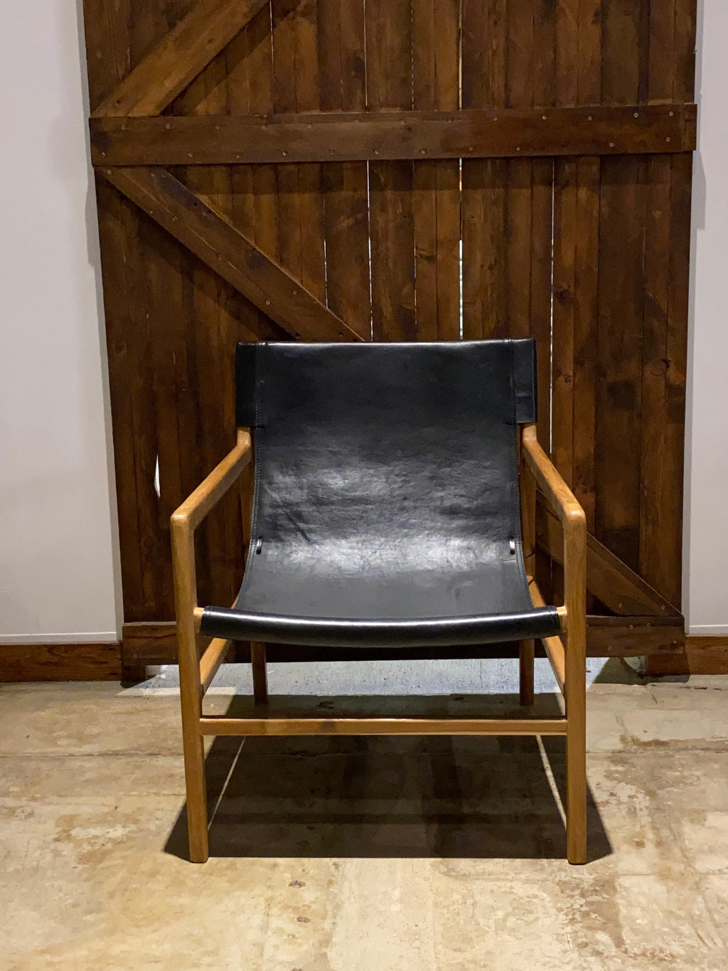 Black Leather & Teak Lounge Chair 